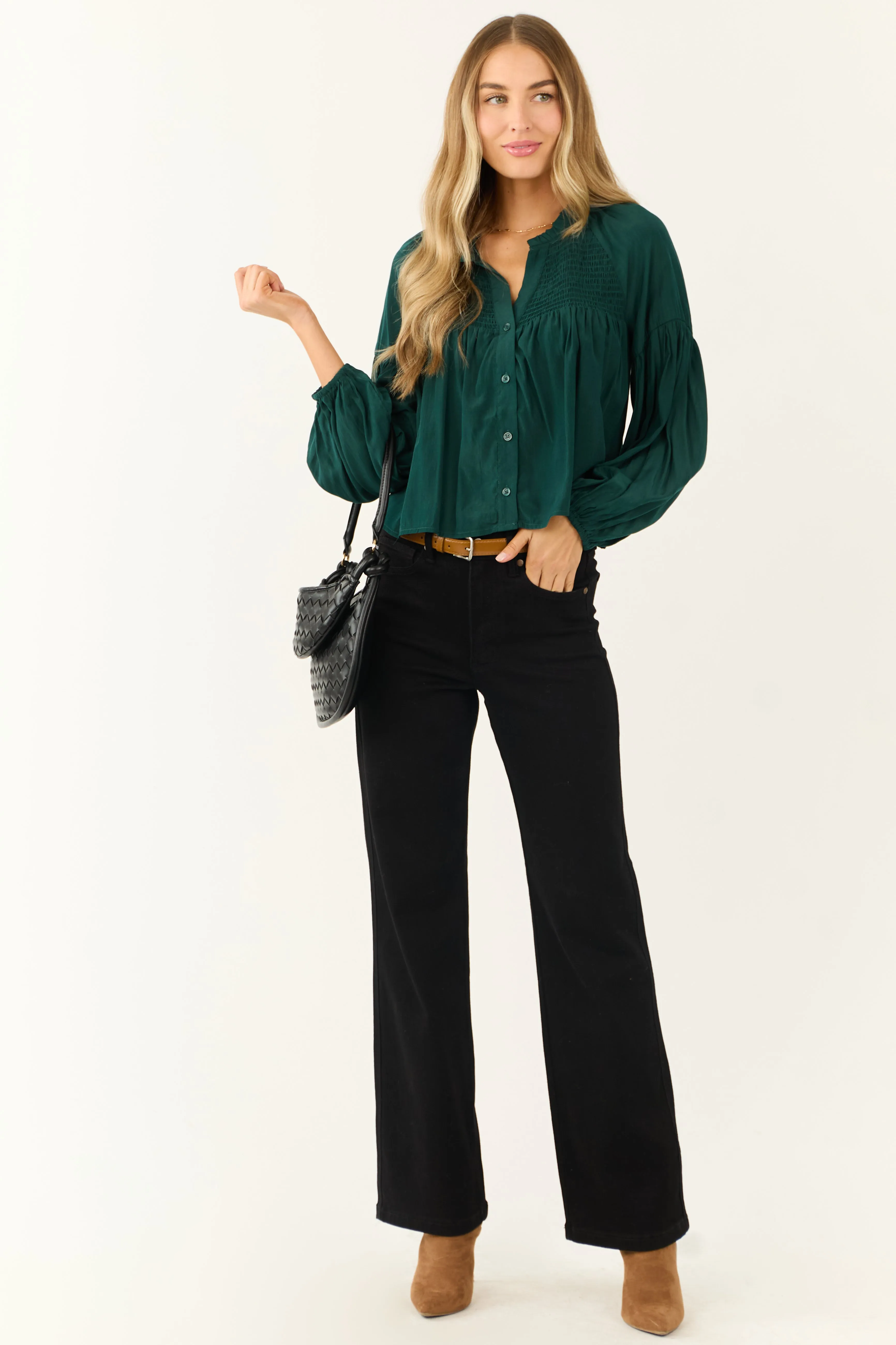 Forest Green Button Up Smocked Yoke Long Sleeve Top sold by Lime Lush product image thumbnail 3