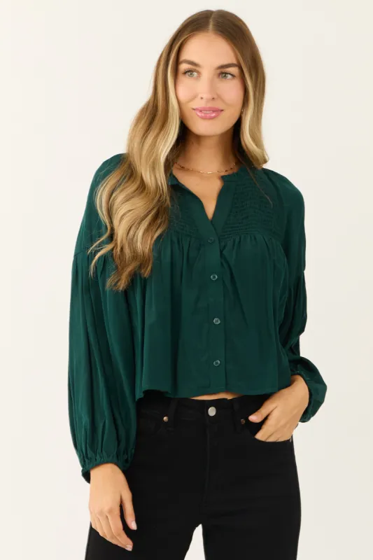 Forest Green Button Up Smocked Yoke Long Sleeve Top sold by Lime Lush