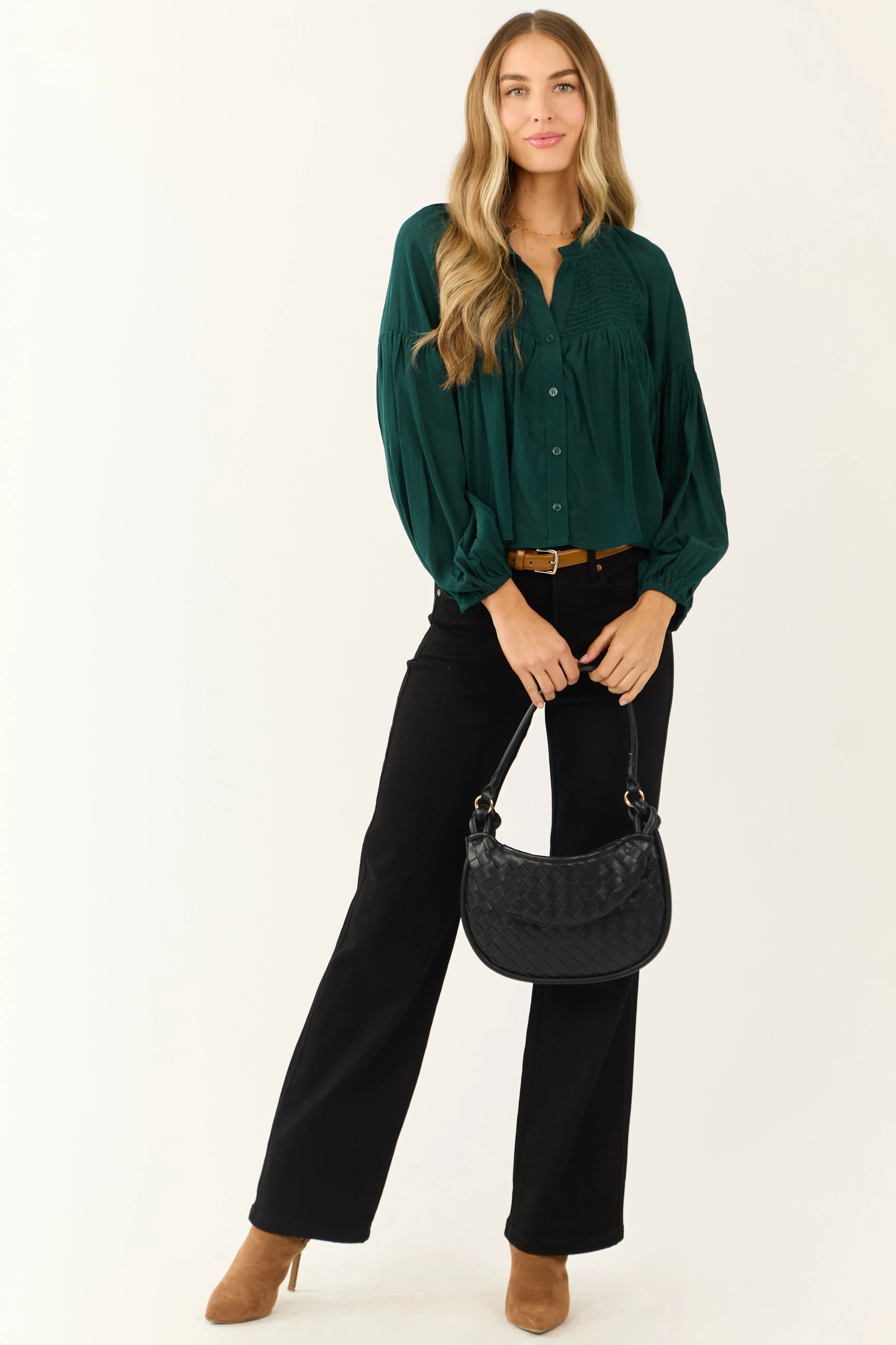 Forest Green Button Up Smocked Yoke Long Sleeve Top sold by Lime Lush product image thumbnail 4