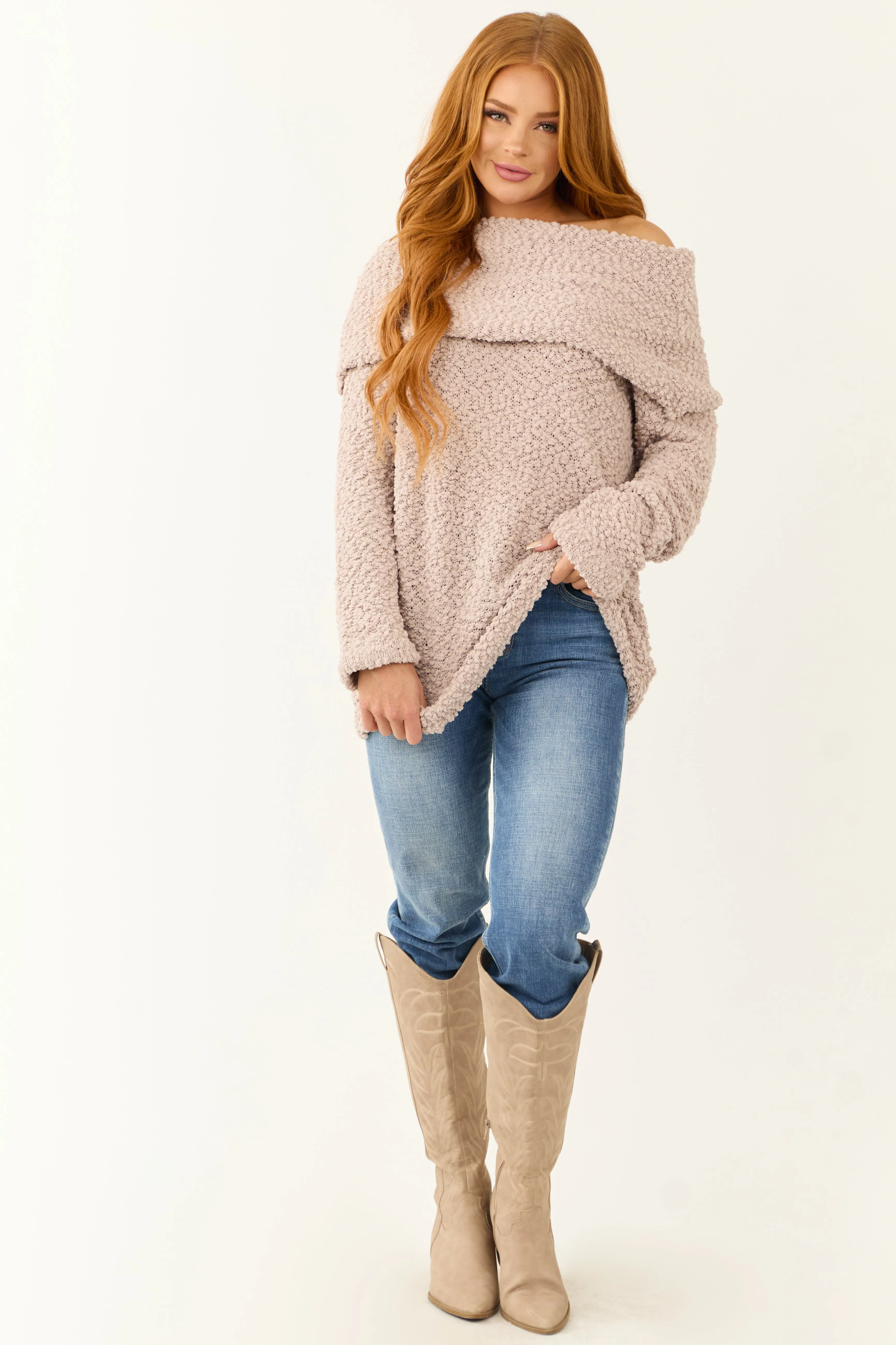 Oatmeal Off the Shoulder Long Sleeve Sweater sold by Lime Lush product image thumbnail 4