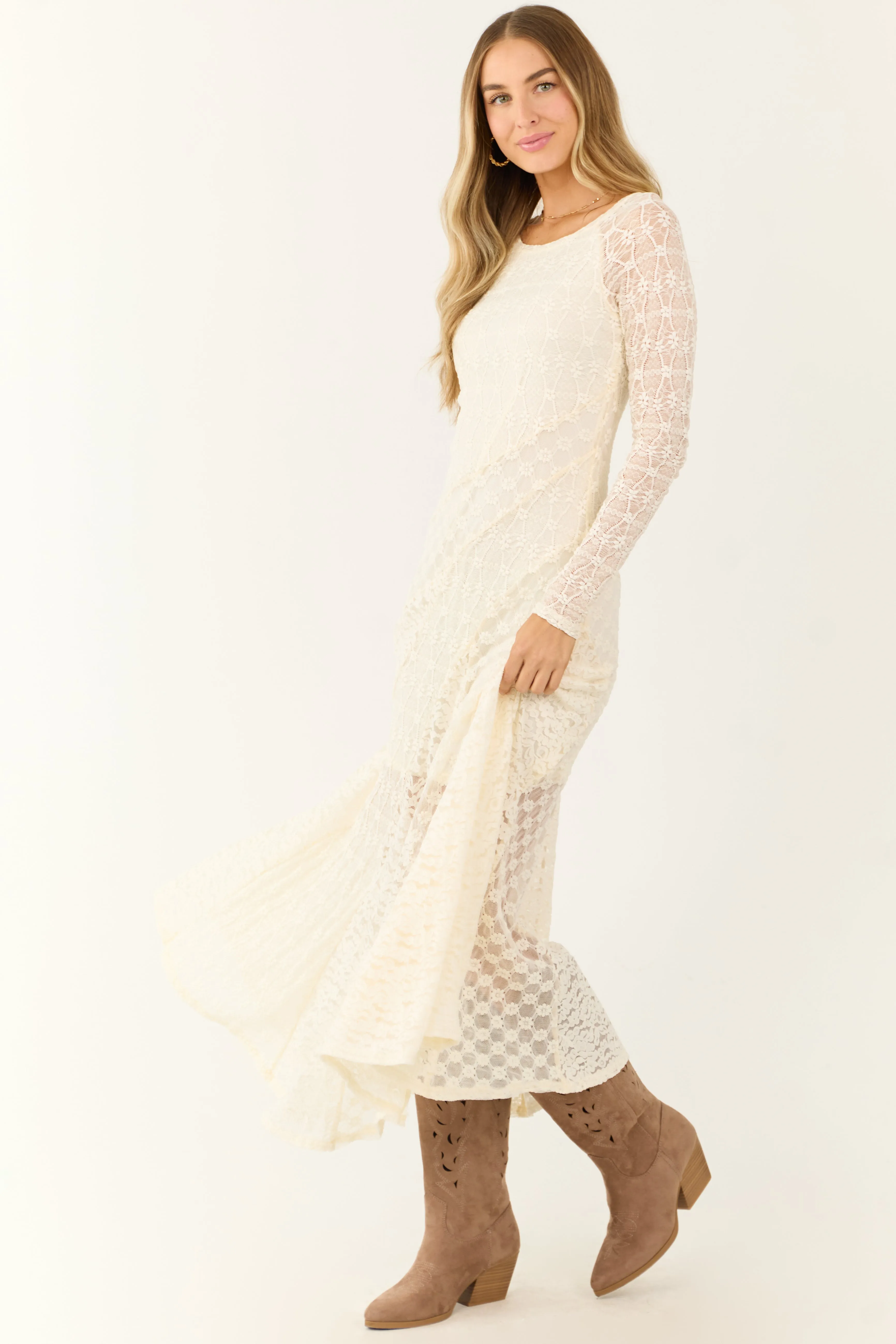 Cream Floral Lace Long Sleeve Maxi Dress sold by Lime Lush product image thumbnail 5