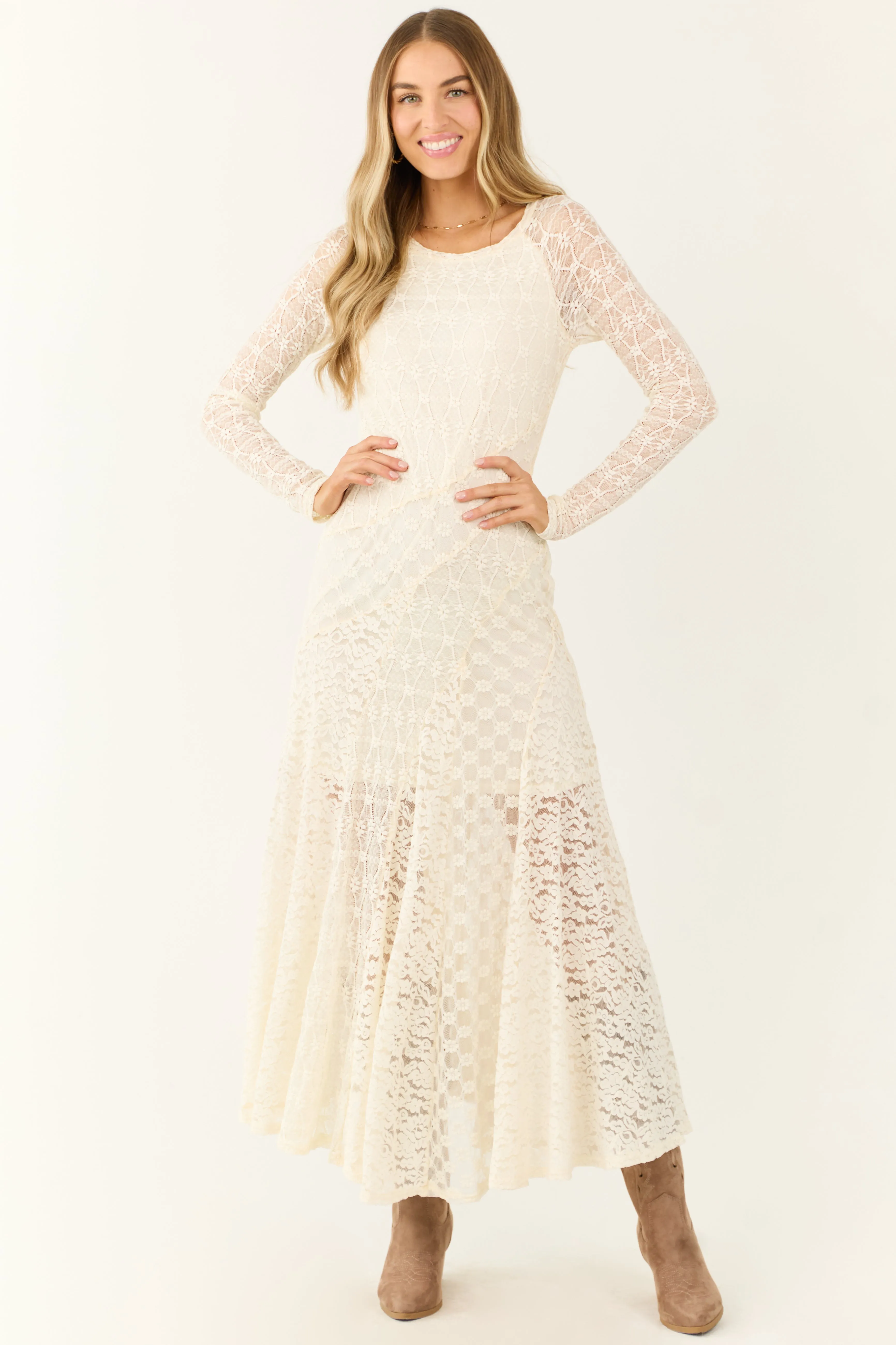 Cream Floral Lace Long Sleeve Maxi Dress sold by Lime Lush product image thumbnail 4
