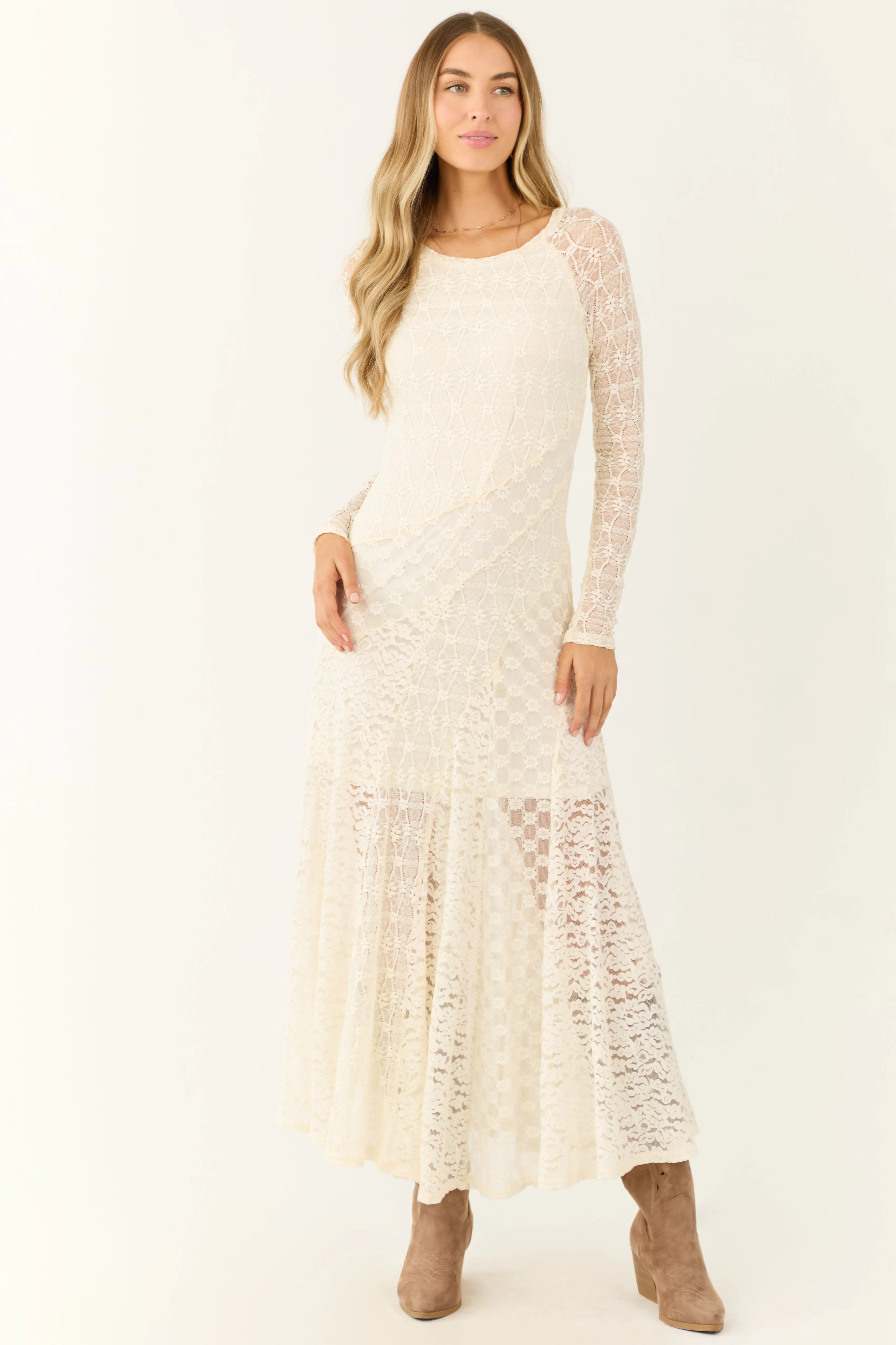 Cream Floral Lace Long Sleeve Maxi Dress sold by Lime Lush product image thumbnail 3