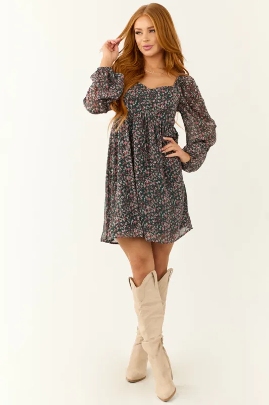 Pine Floral Print V Neck Smocked Mini Dress sold by Lime Lush