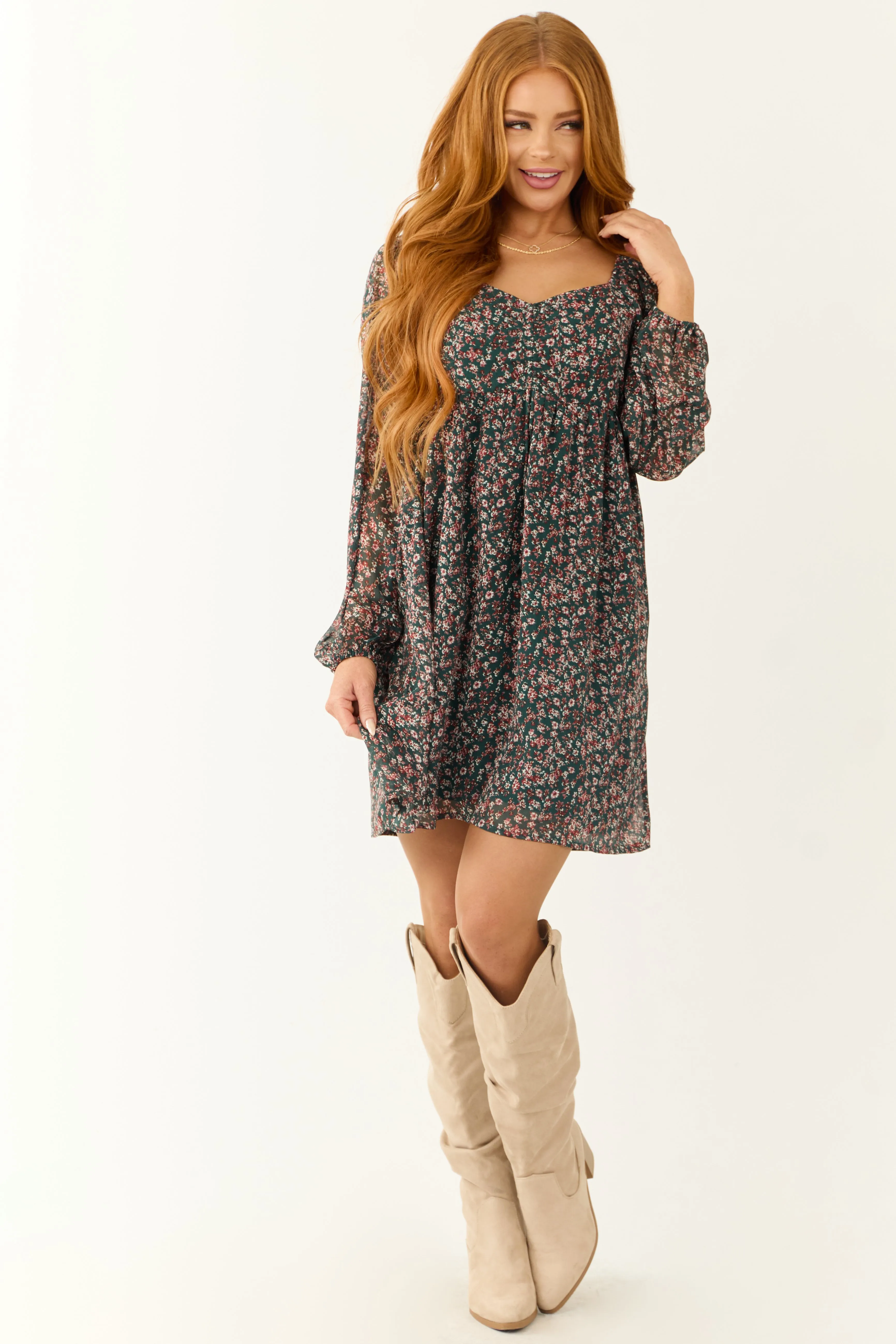 Pine Floral Print V Neck Smocked Mini Dress sold by Lime Lush product image thumbnail 2