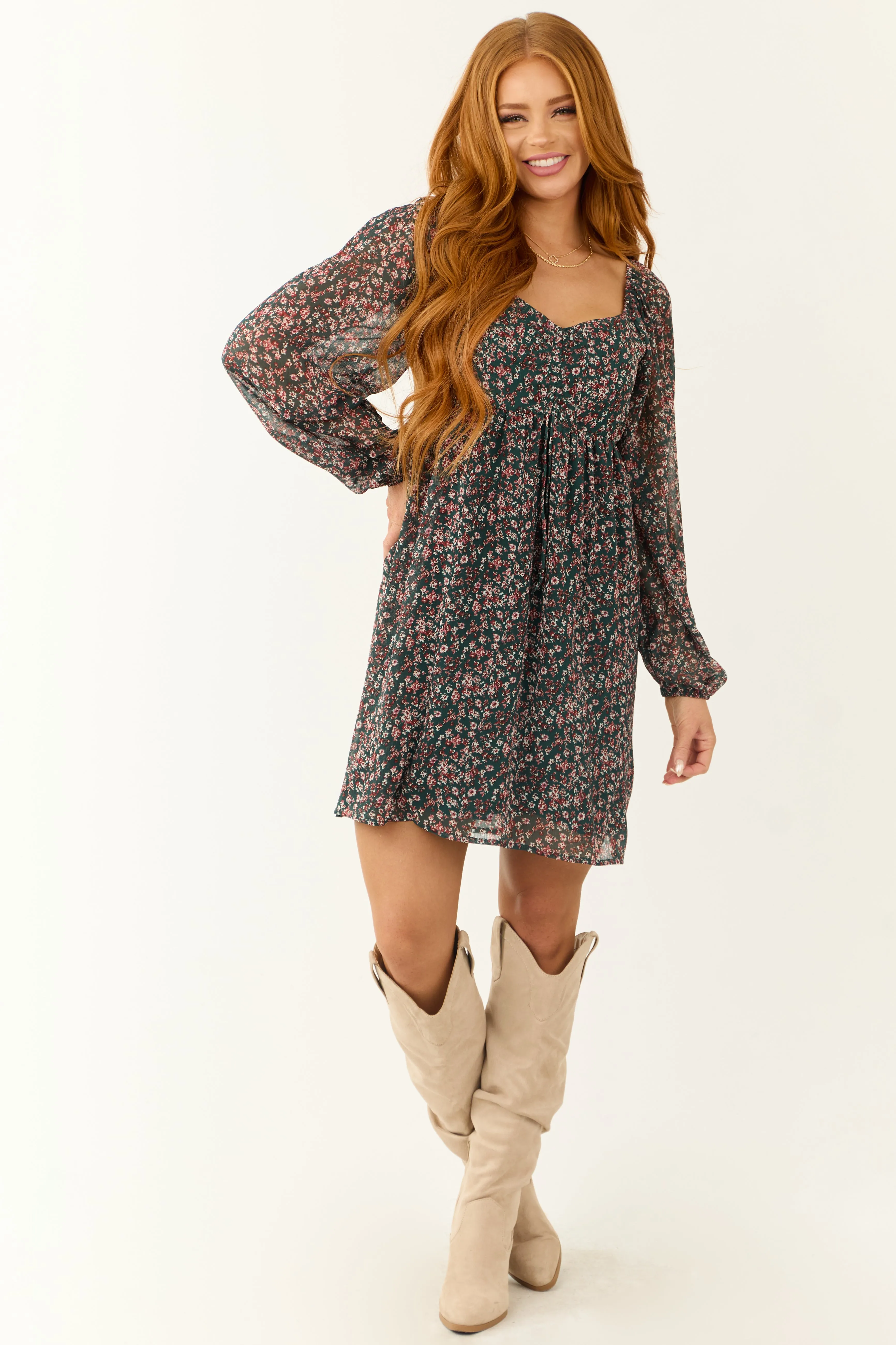 Pine Floral Print V Neck Smocked Mini Dress sold by Lime Lush product image thumbnail 3