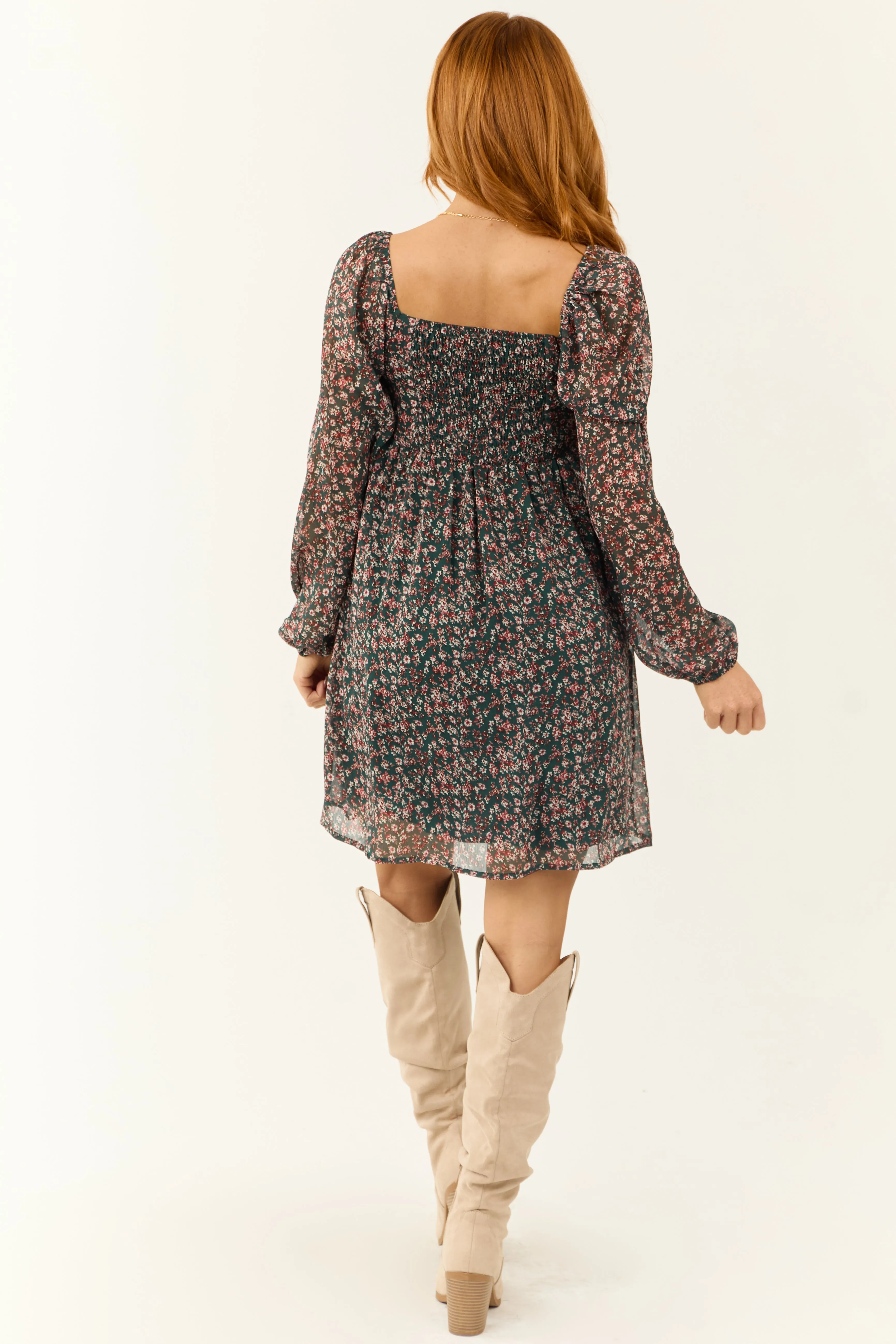 Pine Floral Print V Neck Smocked Mini Dress sold by Lime Lush product image thumbnail 5
