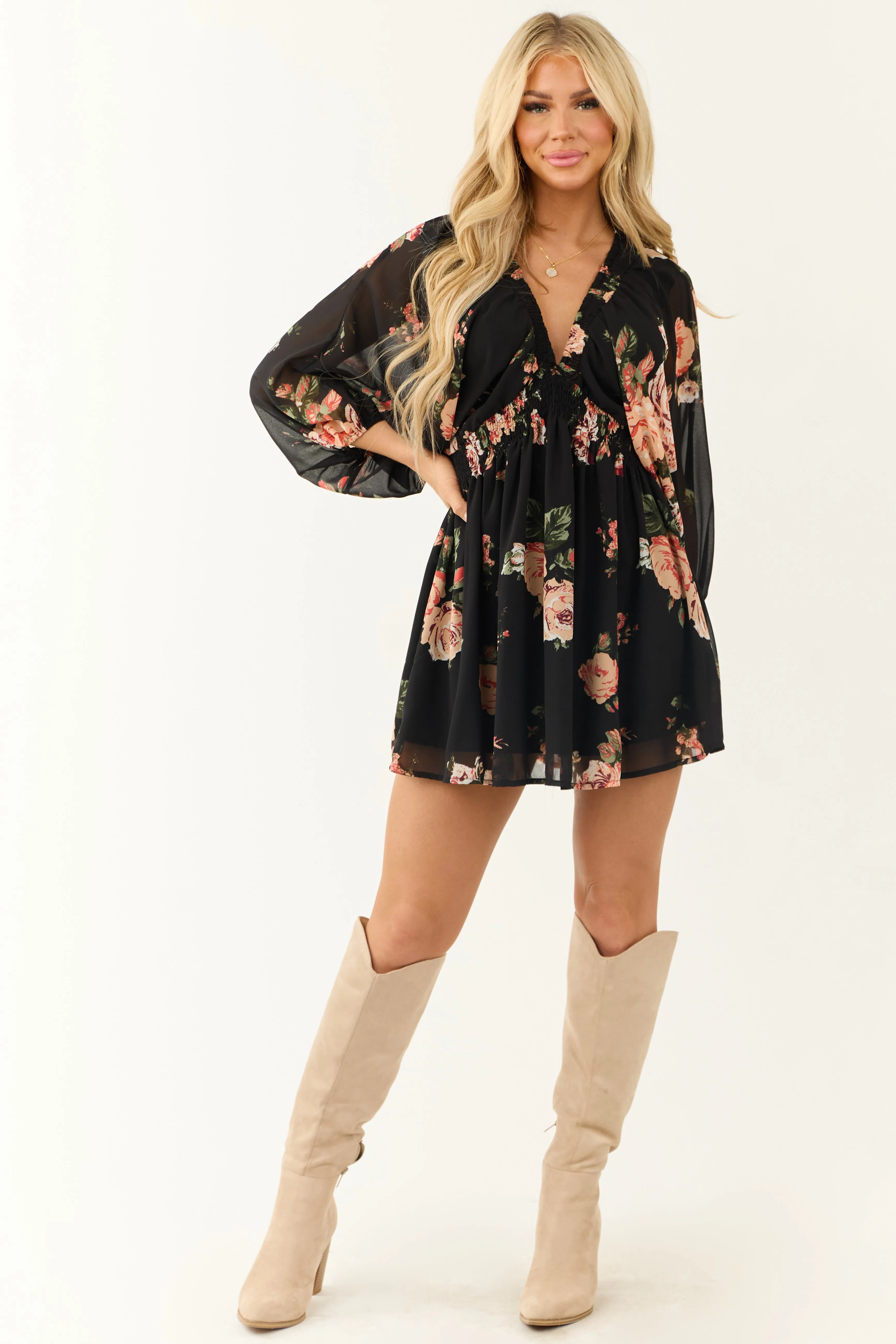 Black Floral Chiffon Dolman Sleeve Mini Dress sold by Lime Lush