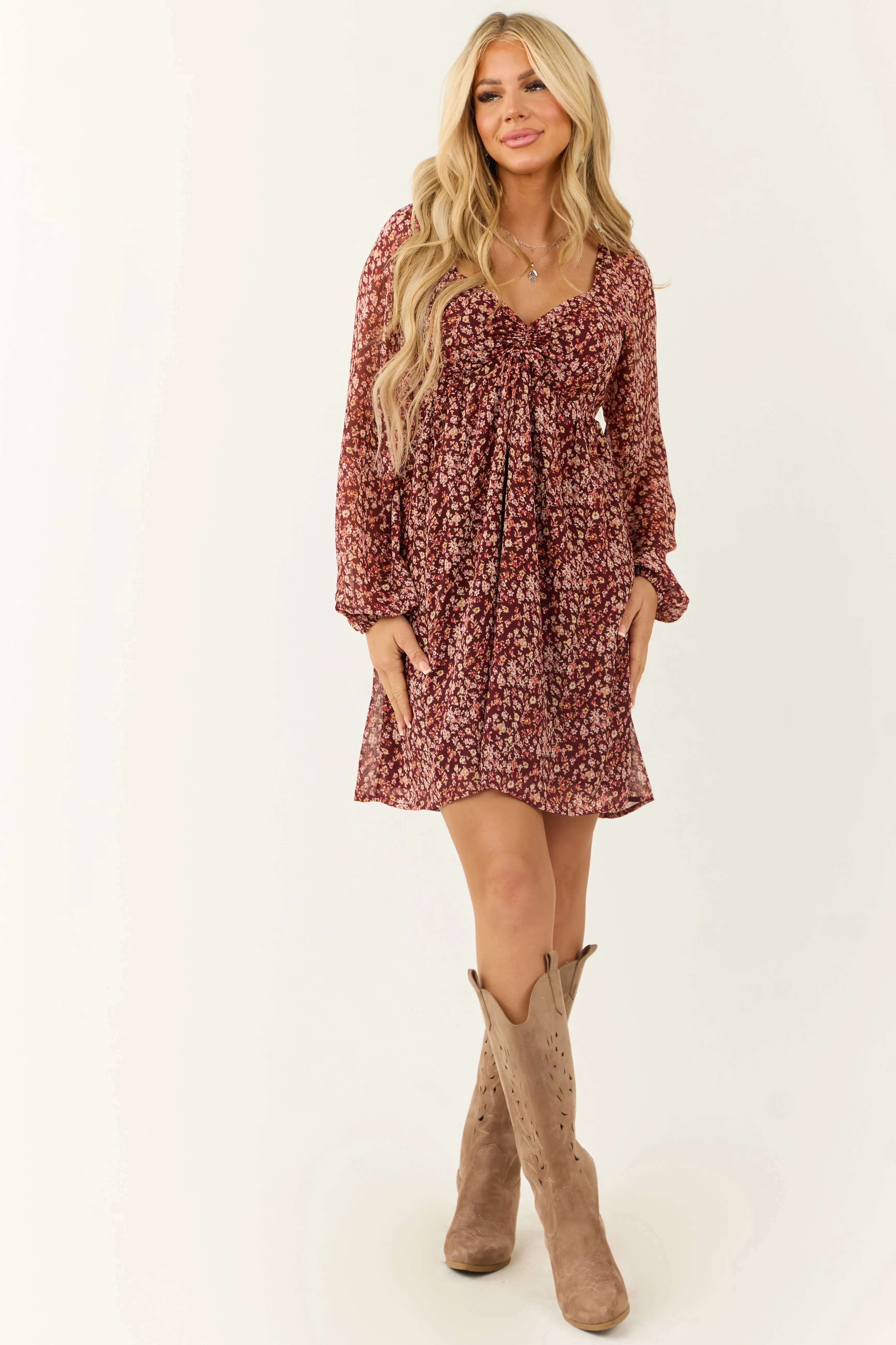 Wine Floral Print V Neck Smocked Mini Dress sold by Lime Lush product image thumbnail 2