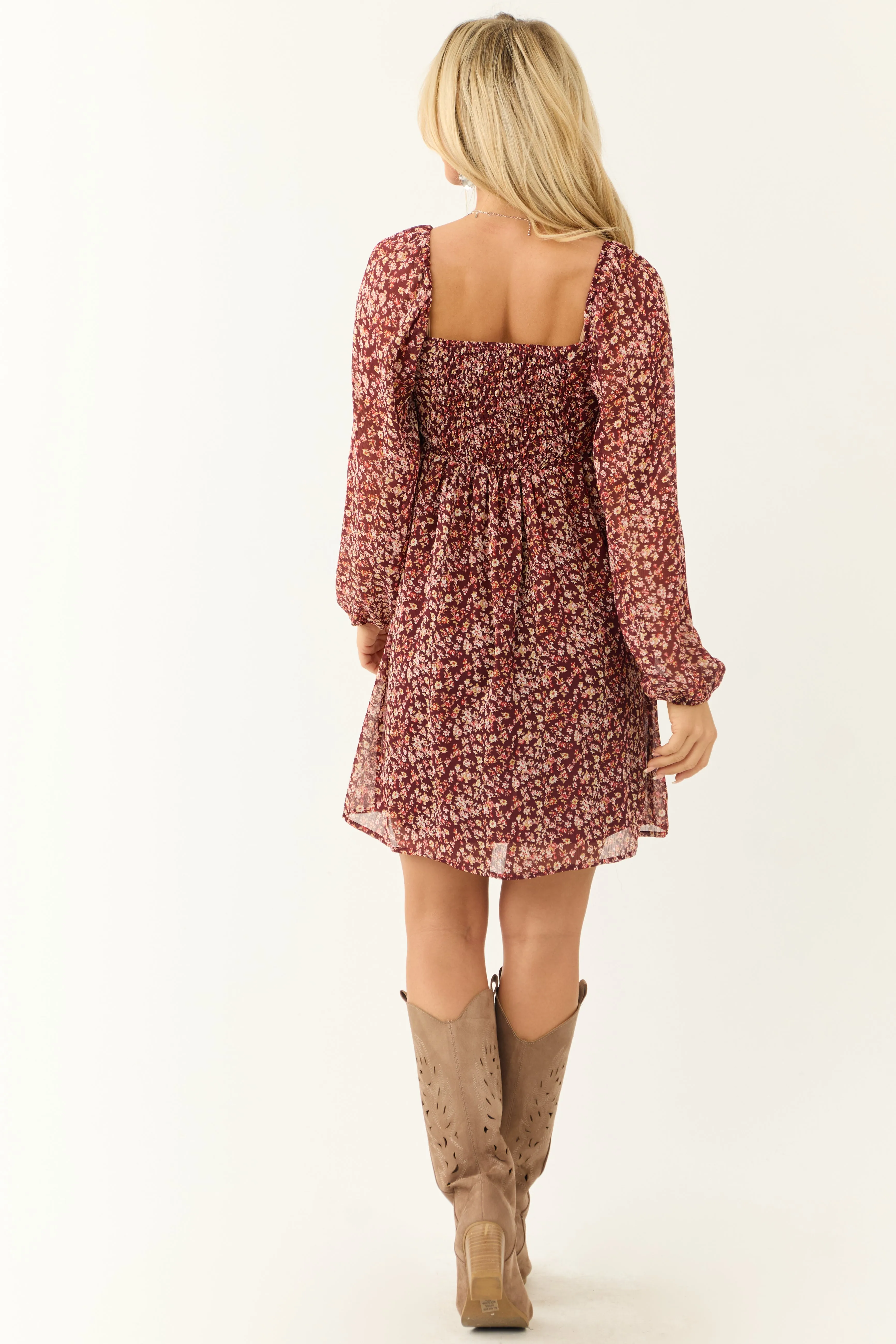 Wine Floral Print V Neck Smocked Mini Dress sold by Lime Lush product image thumbnail 5