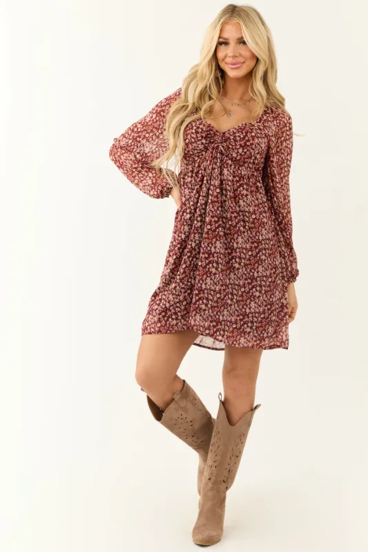 Wine Floral Print V Neck Smocked Mini Dress sold by Lime Lush