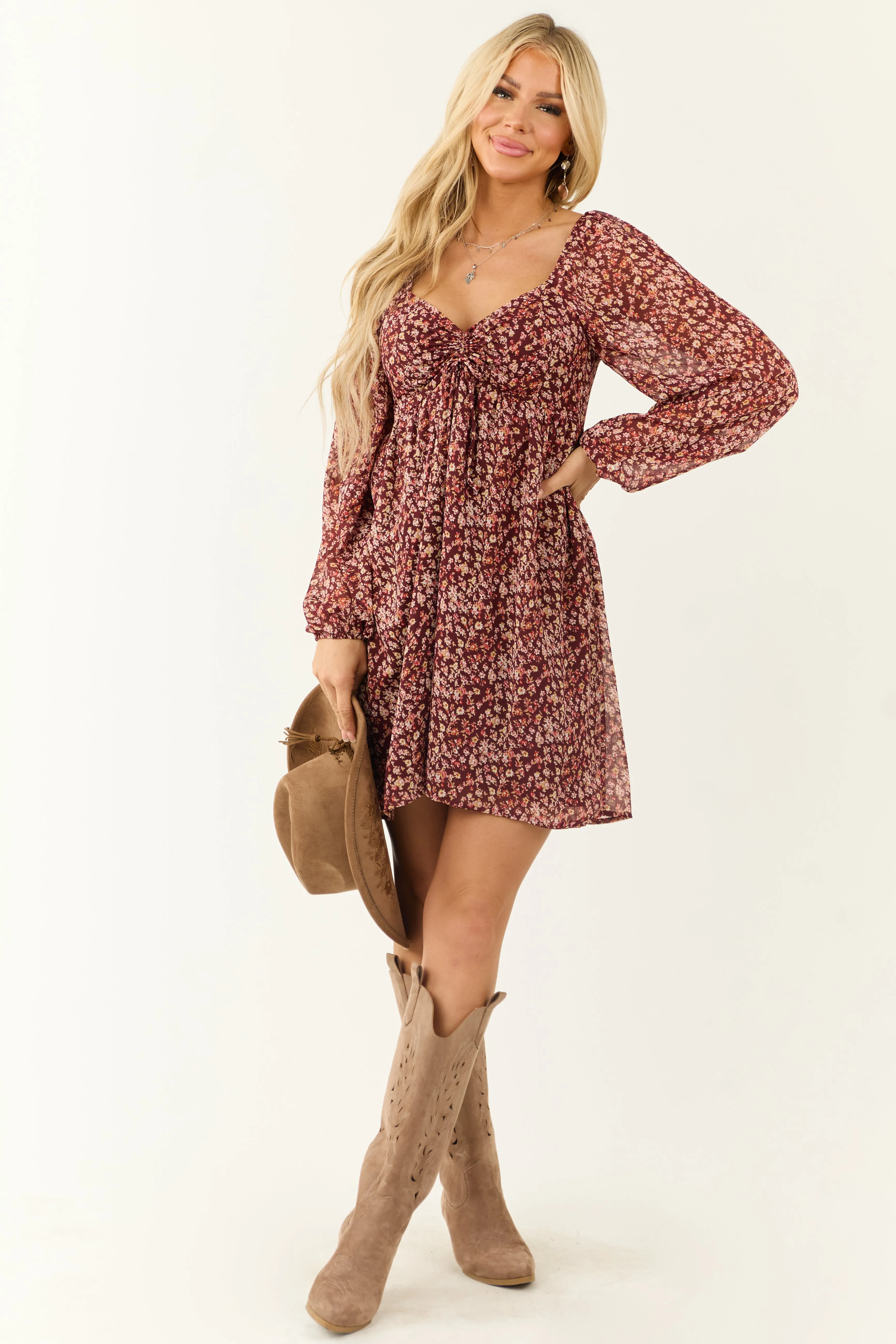 Wine Floral Print V Neck Smocked Mini Dress sold by Lime Lush product image thumbnail 3