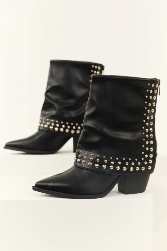 Black Faux Leather Studded Fold Over Boots sold by Lime Lush