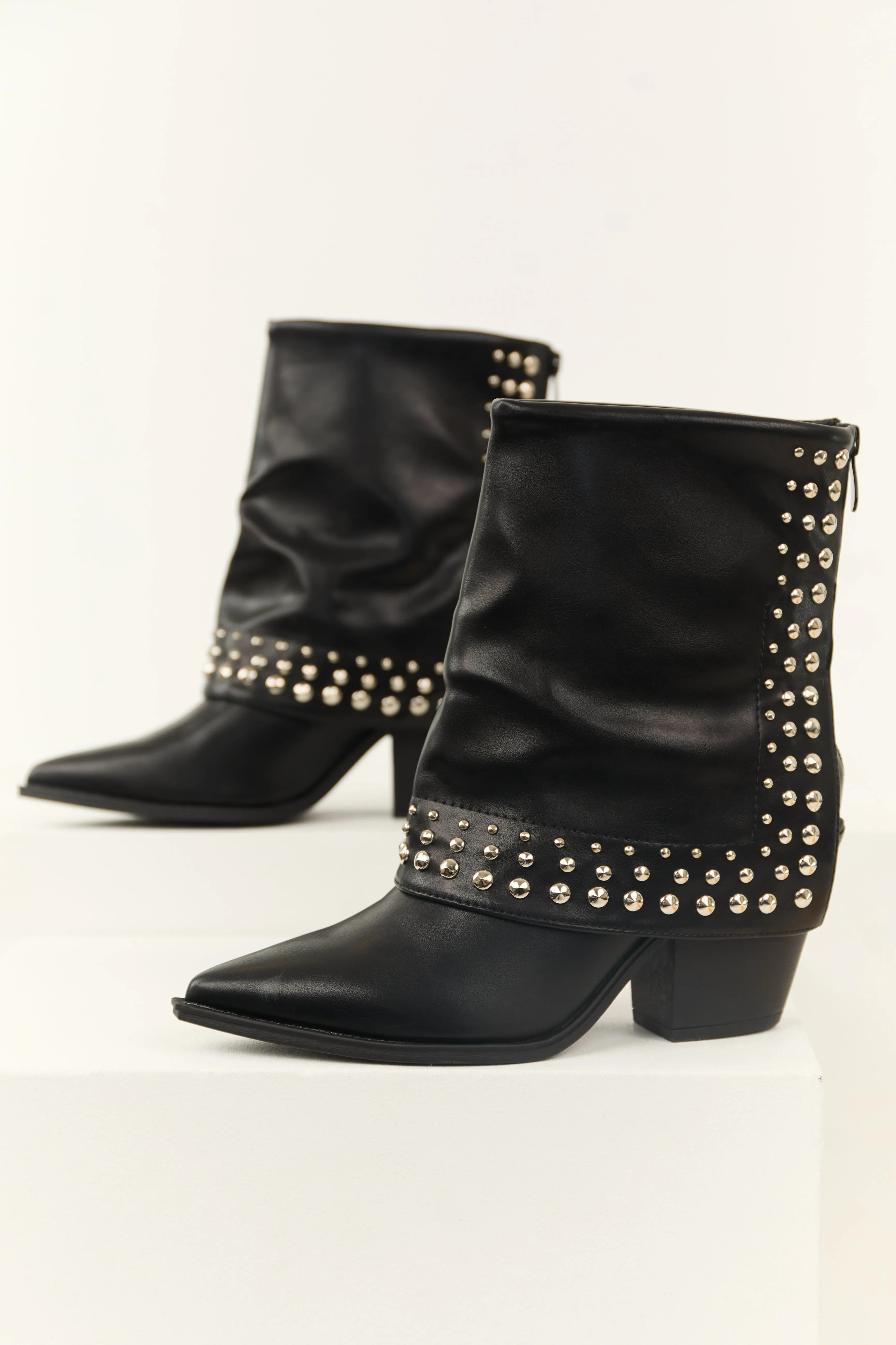 Black Faux Leather Studded Fold Over Boots sold by Lime Lush