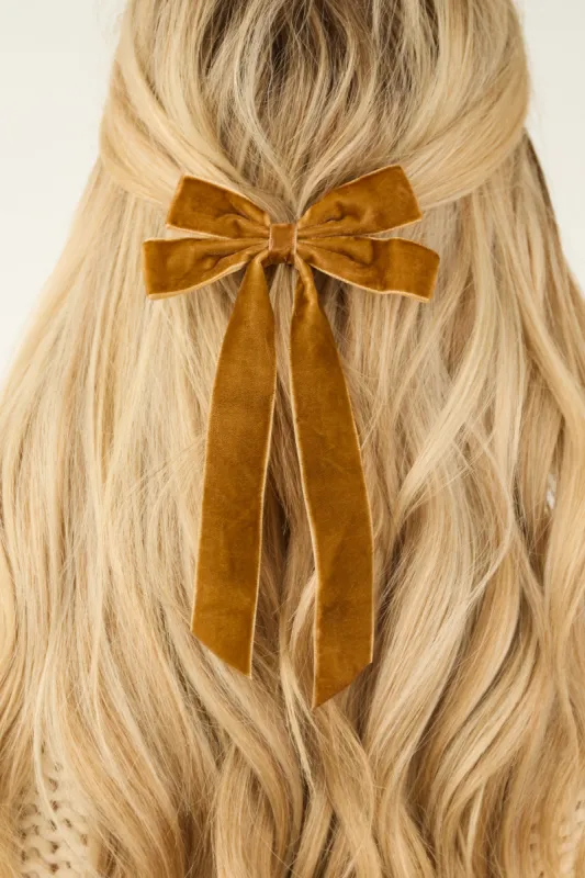 Caramel Velvet Long Ribbon Bow Hair Clip sold by Lime Lush
