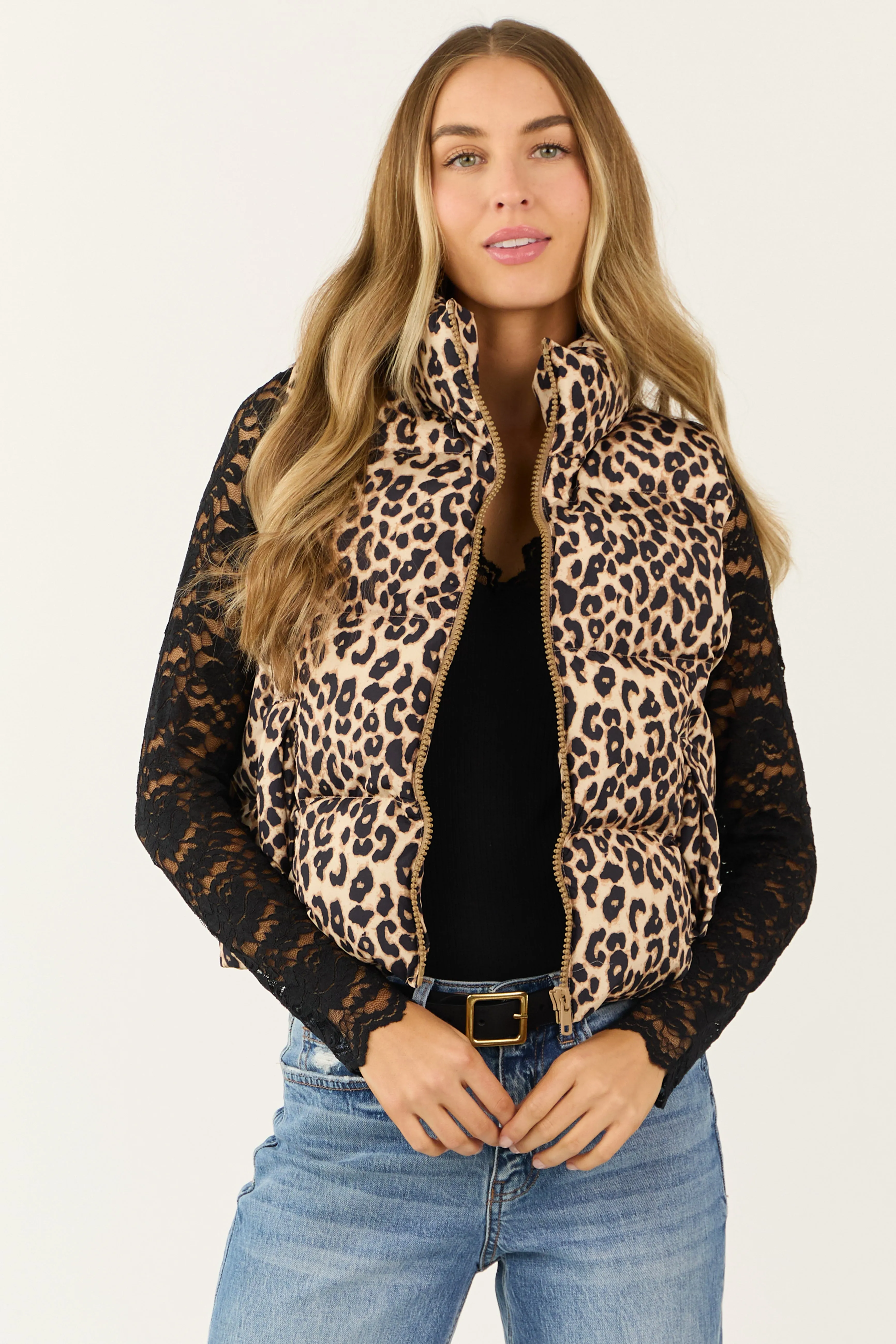 Camel Leopard Print Puffer Zip Up Vest sold by Lime Lush