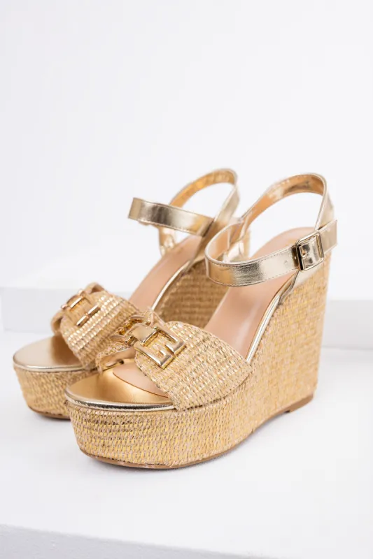 Gold Open Toe Woven Espadrille Wedge Heels sold by Lime Lush
