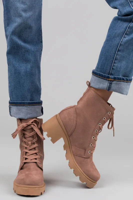 Rose Taupe Suede Lace Up Combat Boot sold by Lime Lush