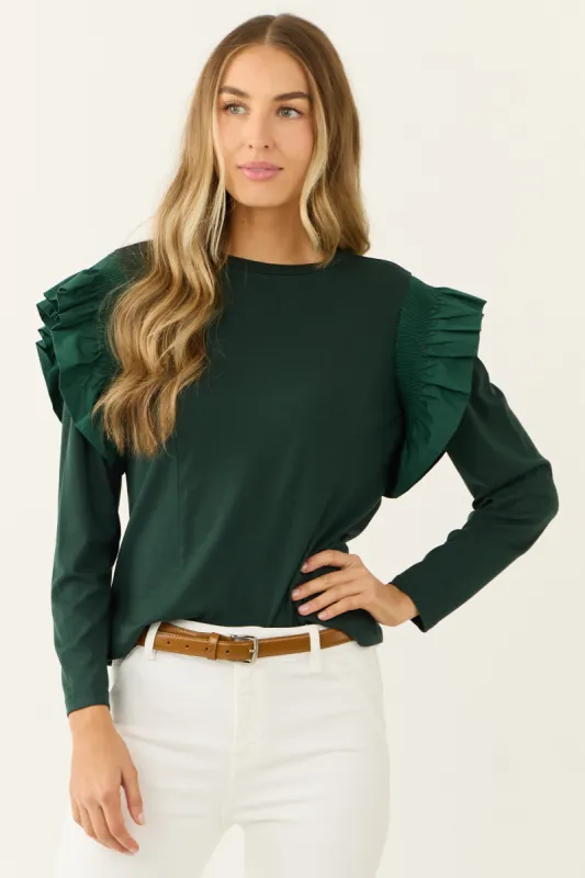 Forest Green Ruffle Shoulder Long Sleeve Knit Top sold by Lime Lush
