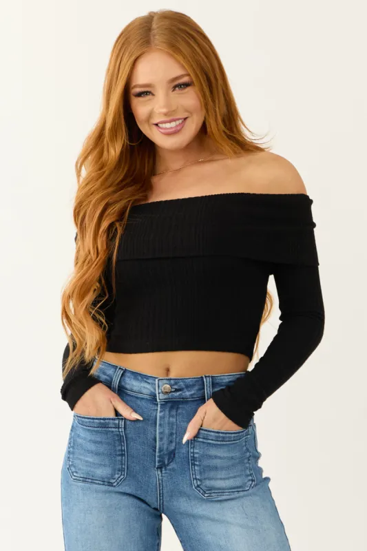 Black Off Shoulder Long Sleeve Cropped Knit Top sold by Lime Lush