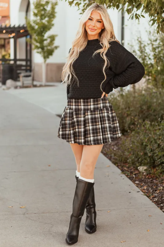 Black and Peanut Plaid Pleated Mini Skirt sold by Lime Lush