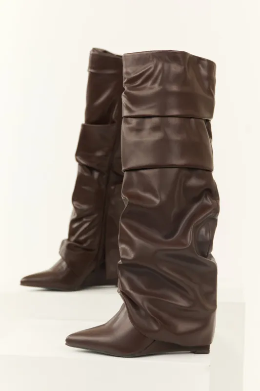 Chocolate Faux Leather Slouchy Knee High Boots sold by Lime Lush