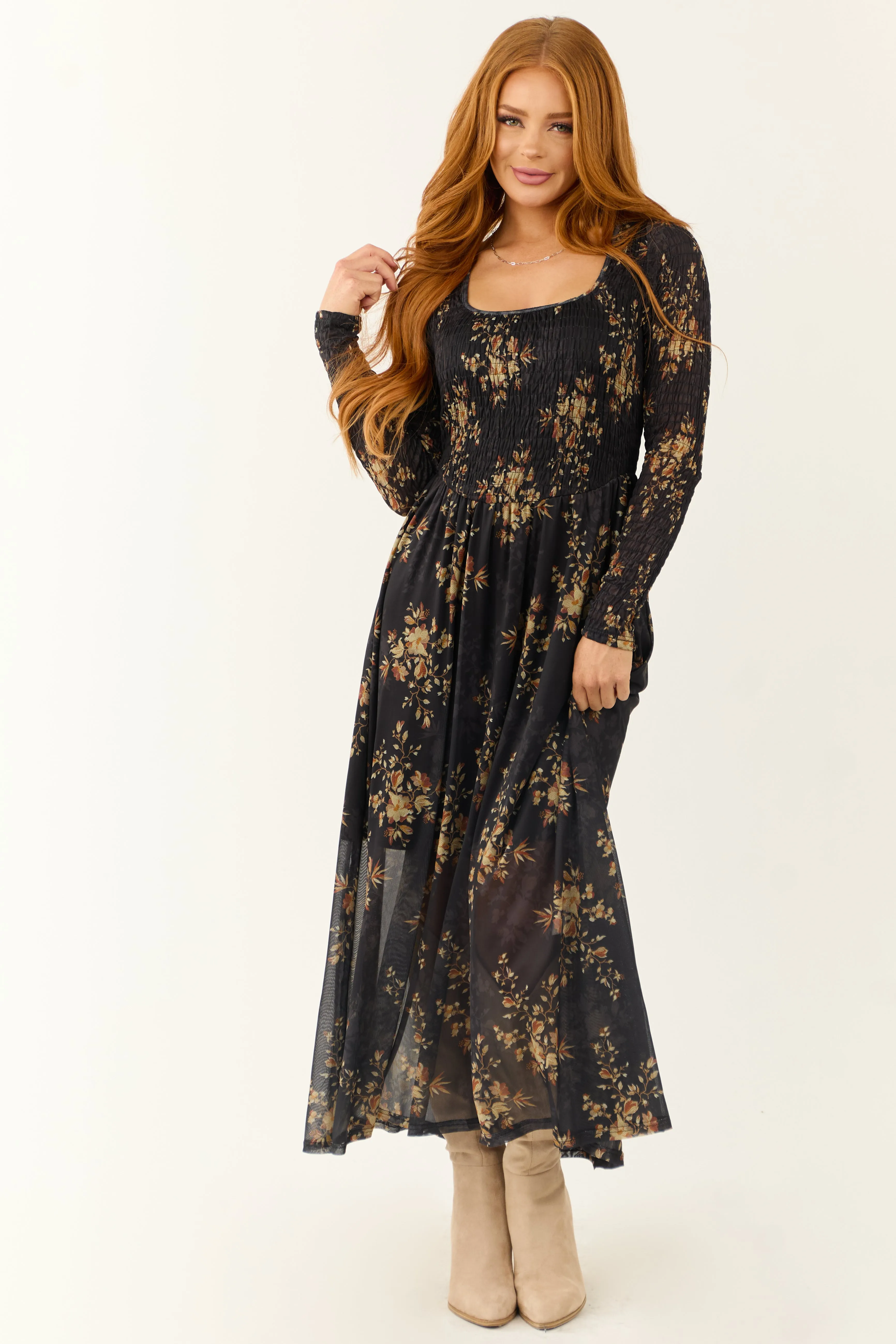 Black Floral Print Smocked Scoop Maxi Dress sold by Lime Lush product image thumbnail 3