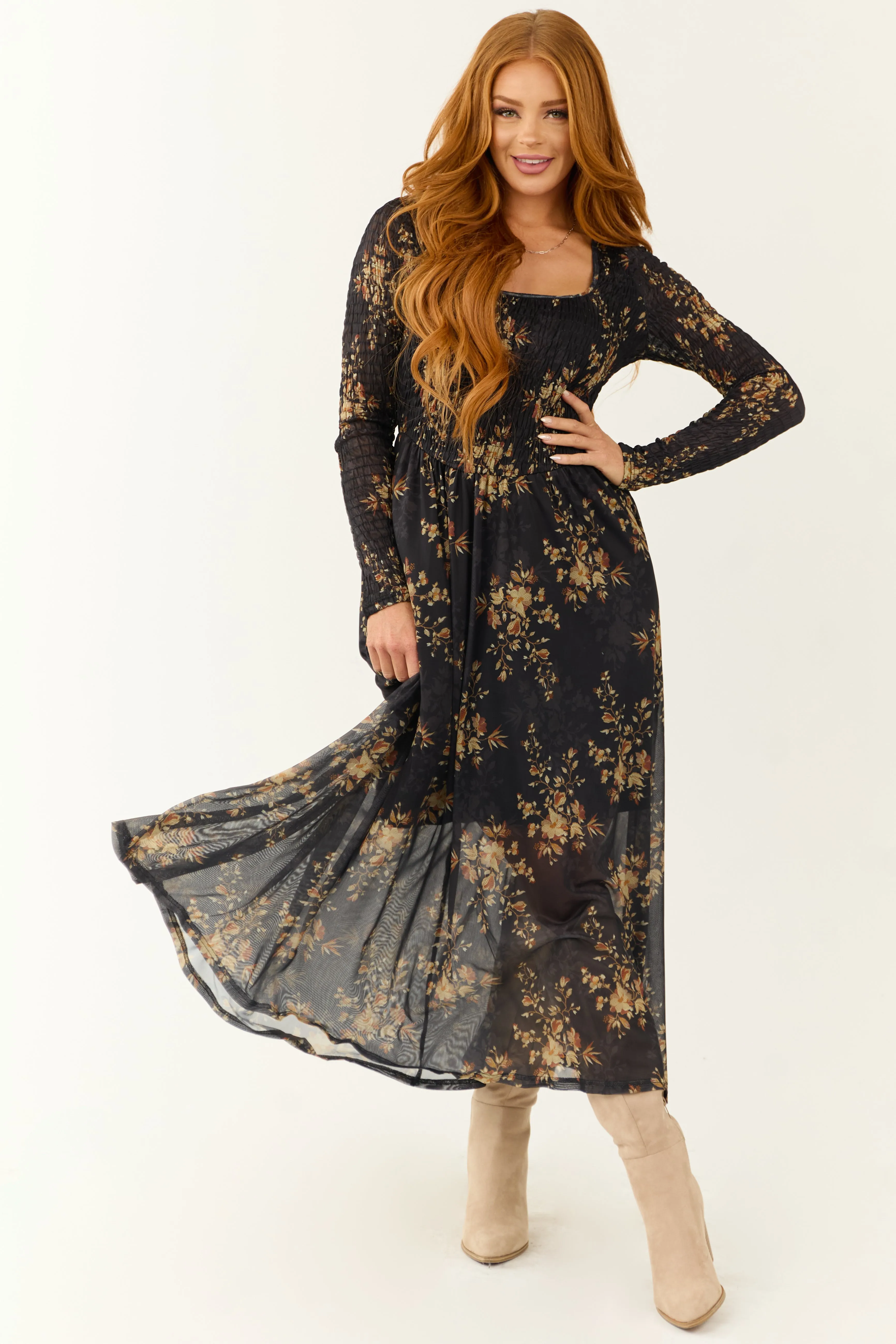 Black Floral Print Smocked Scoop Maxi Dress sold by Lime Lush product image thumbnail 2