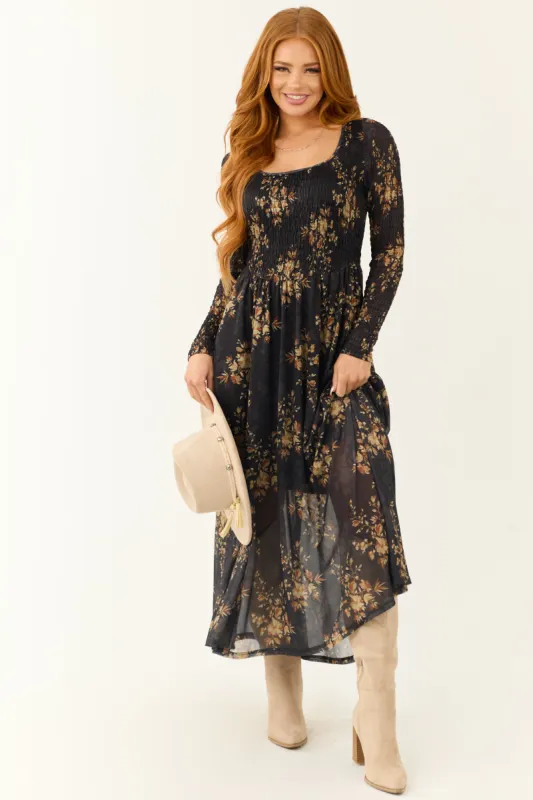 Black Floral Print Smocked Scoop Maxi Dress sold by Lime Lush