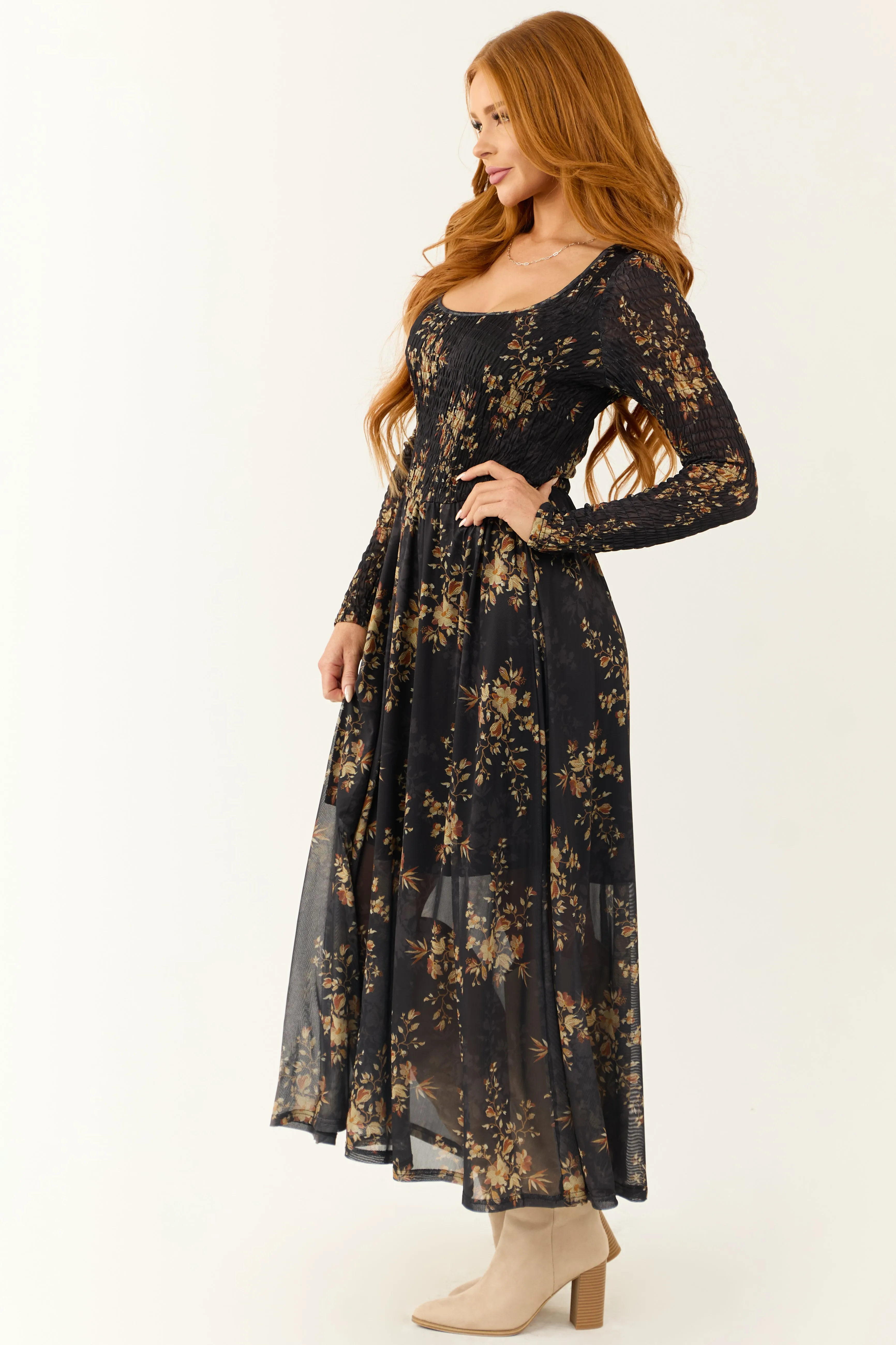 Black Floral Print Smocked Scoop Maxi Dress sold by Lime Lush product image thumbnail 4