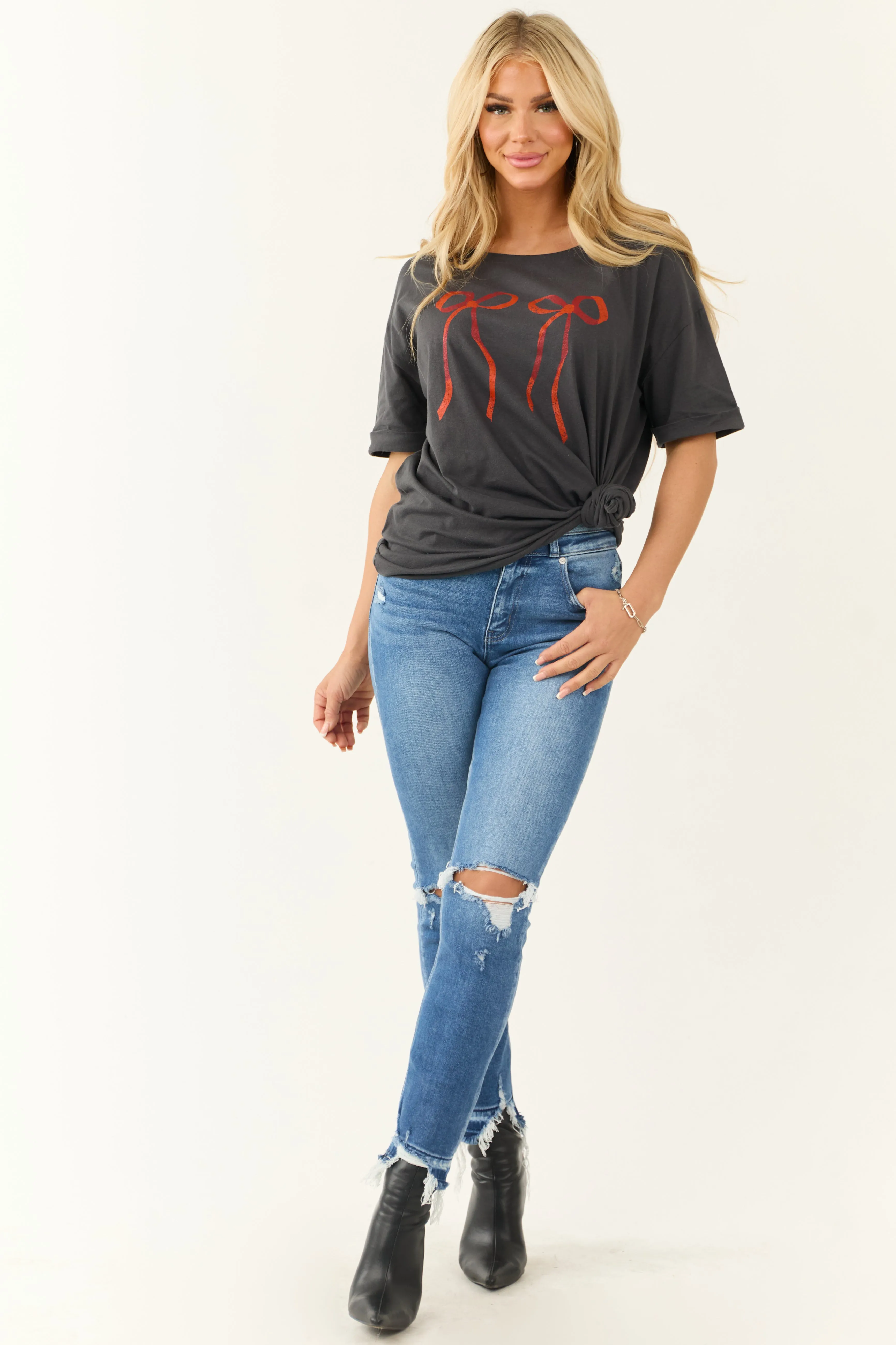 Graphite Bow Oversized Short Sleeve Graphic Top sold by Lime Lush product image thumbnail 4