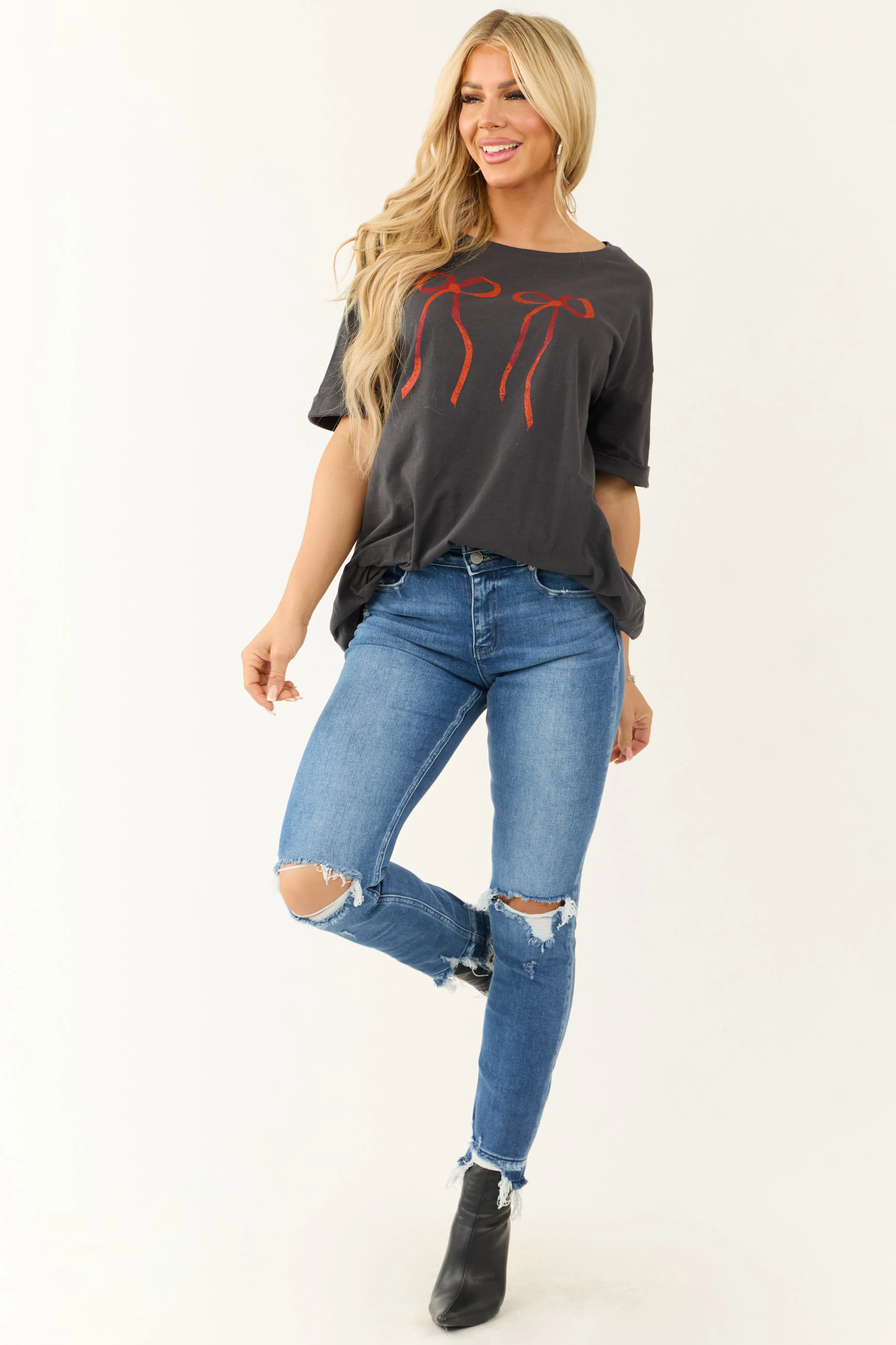 Graphite Bow Oversized Short Sleeve Graphic Top sold by Lime Lush product image thumbnail 2