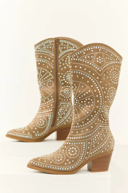 Latte Rhinestone Studded Western Boots sold by Lime Lush