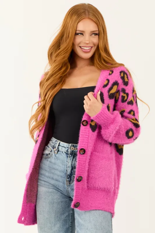 Magenta Leopard Print Button Down Cardigan sold by Lime Lush