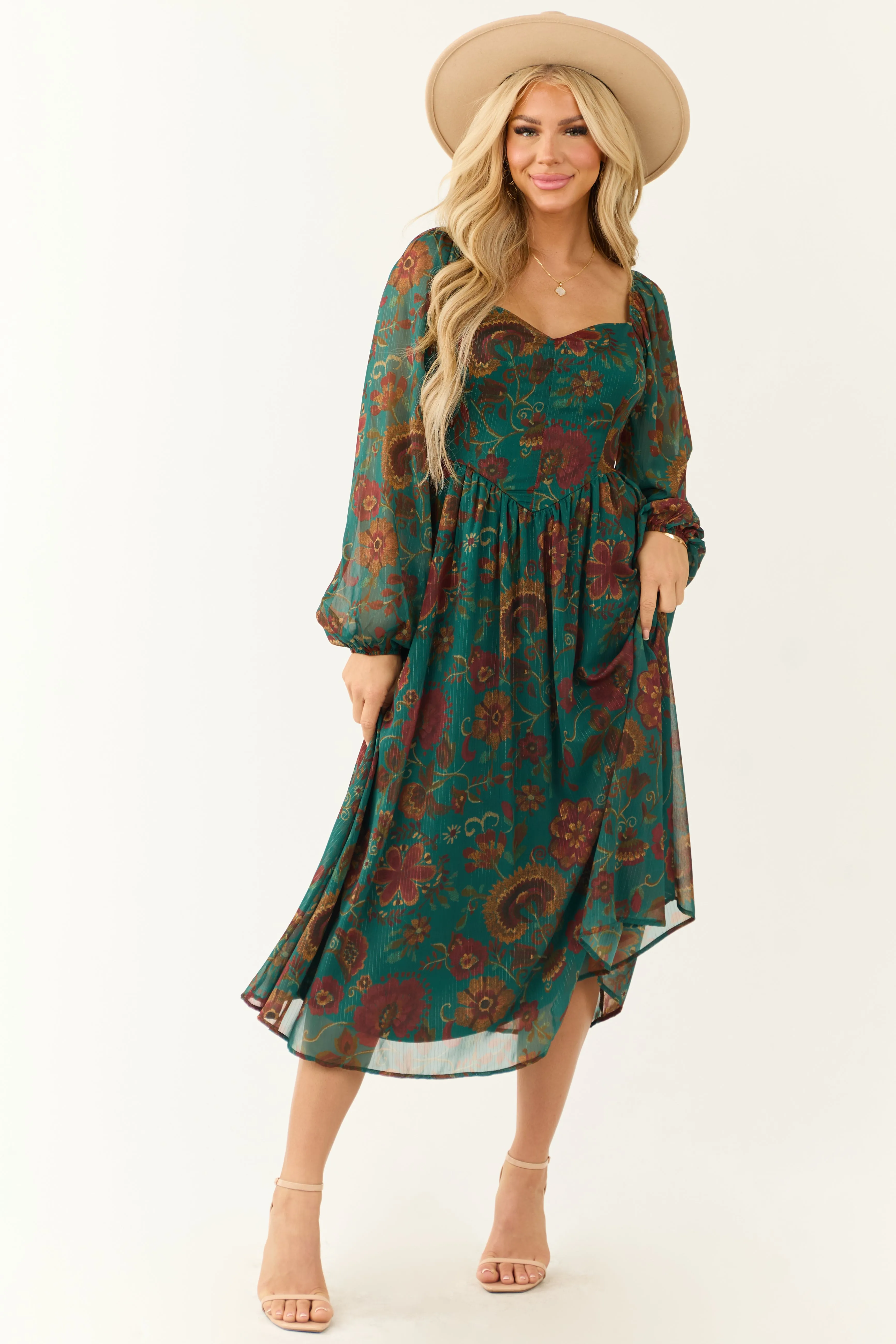 Flying Tomato Dark Juniper Floral Midi Dress sold by Lime Lush