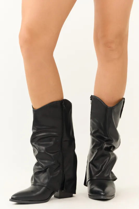 Black Faux Leather Slouchy Foldover Boot sold by Lime Lush