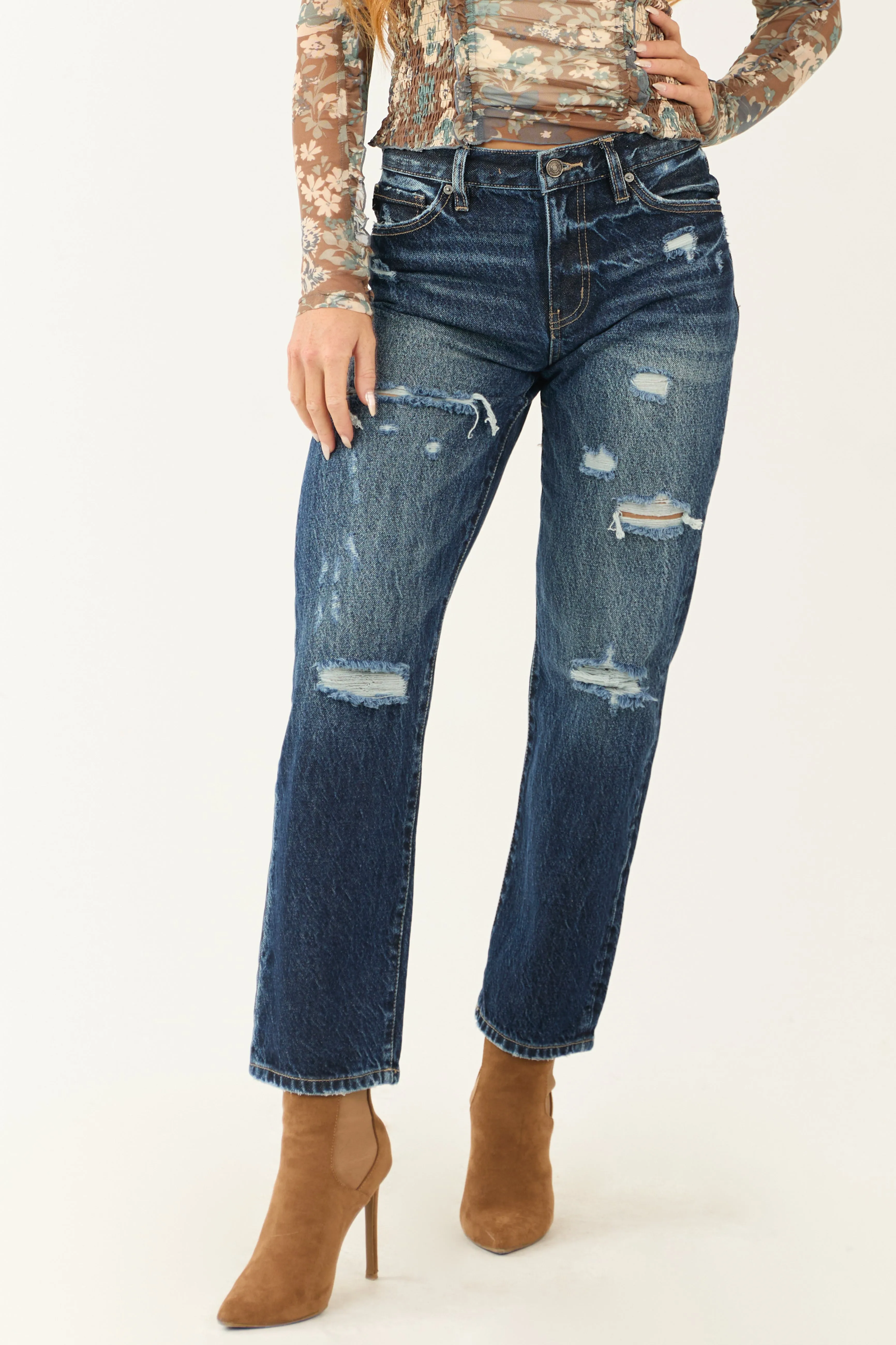 Kancan Dark Wash Denim Distressed Ankle Jeans sold by Lime Lush