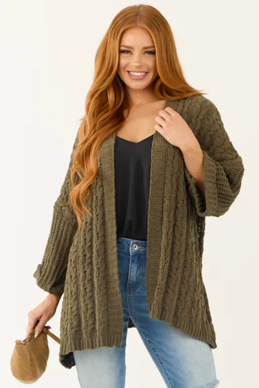Army Green Cable Knit 3/4 Sleeve Cardigan made by Umgee