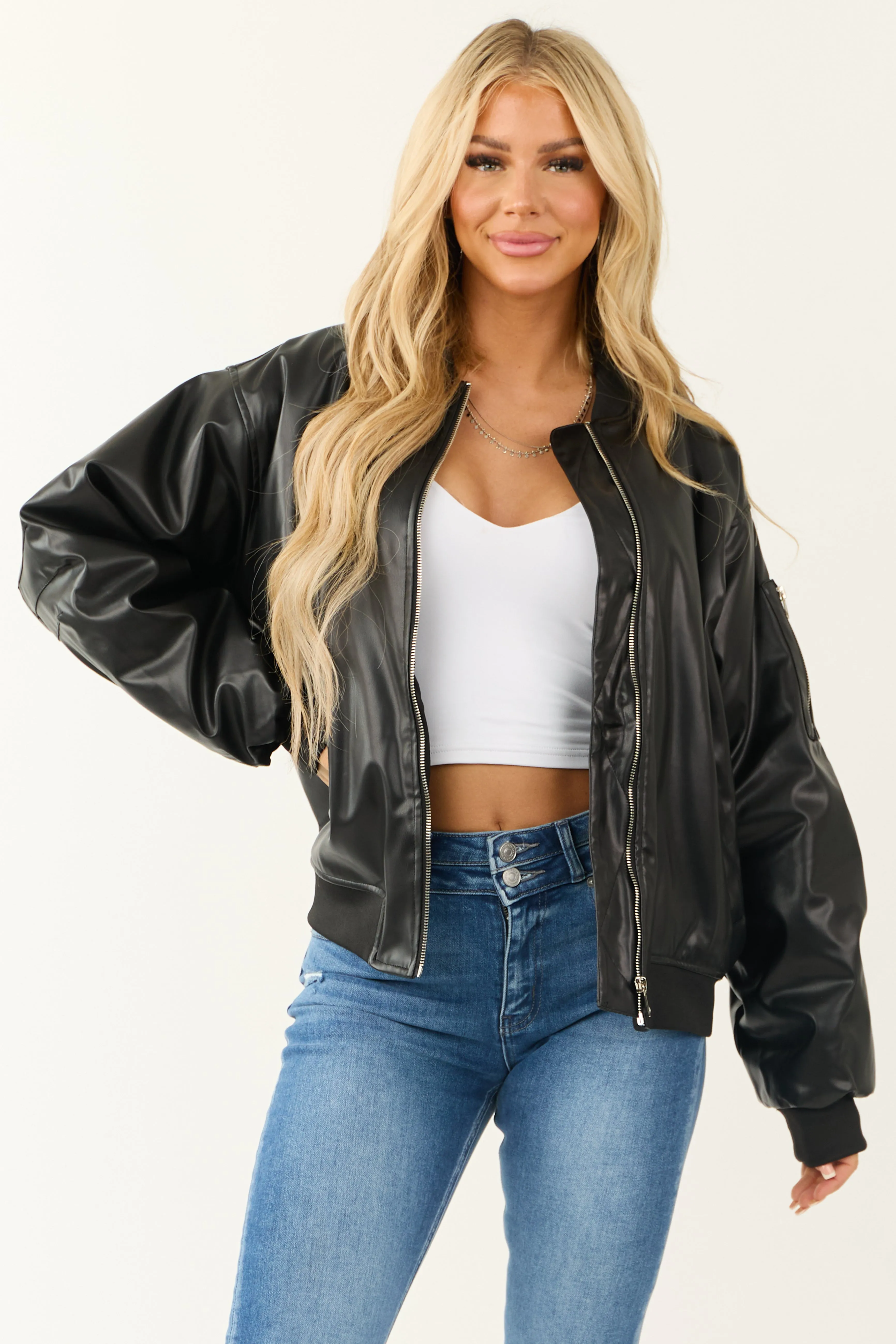 Black Faux Leather Oversized Bomber Jacket sold by Lime Lush