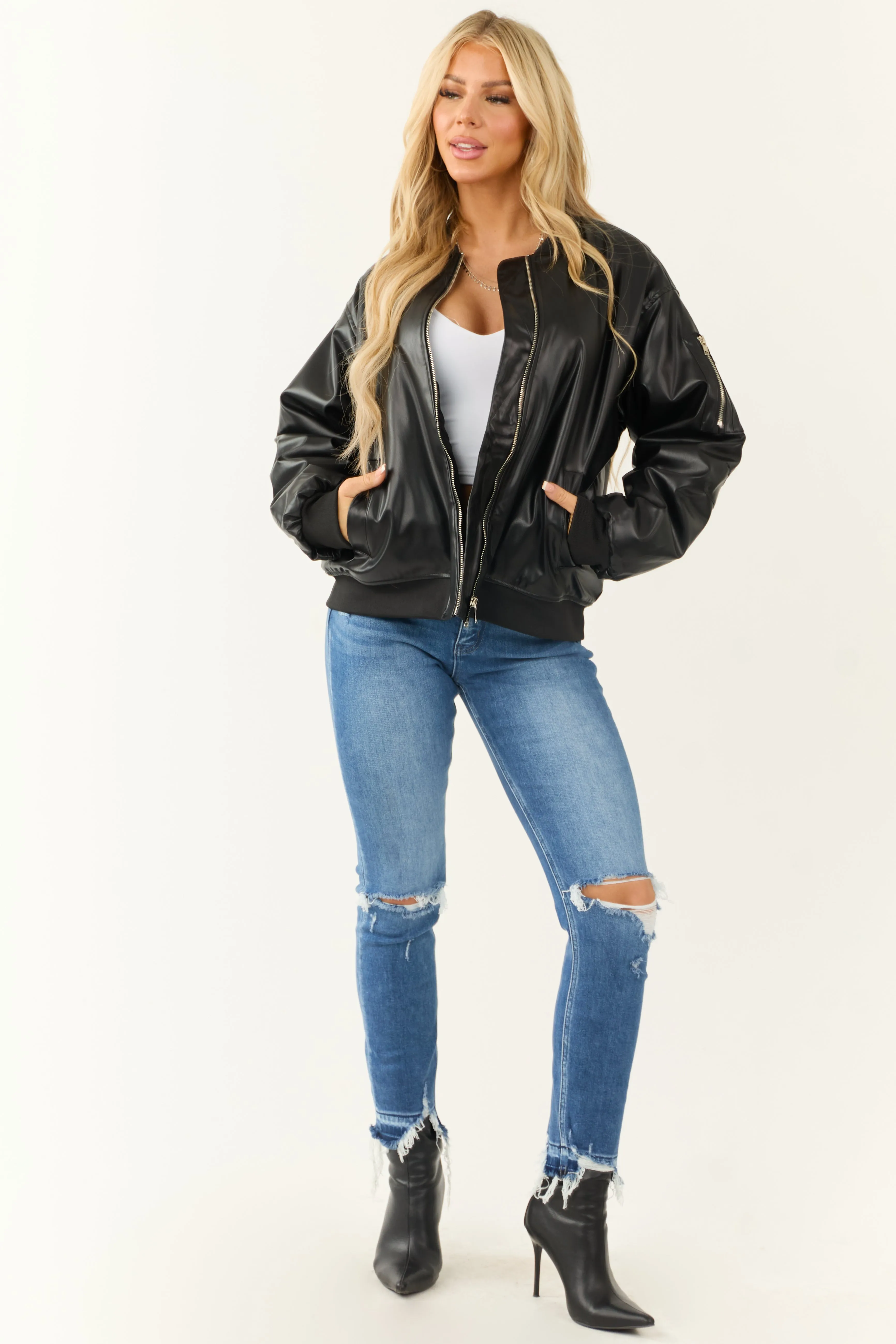 Black Faux Leather Oversized Bomber Jacket sold by Lime Lush product image thumbnail 3