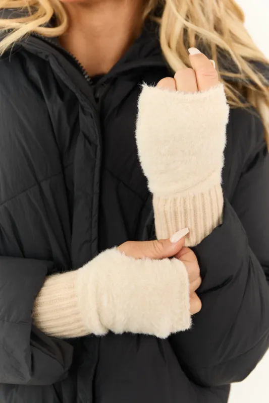 Champagne Fuzzy Knit Fingerless Gloves sold by Lime Lush