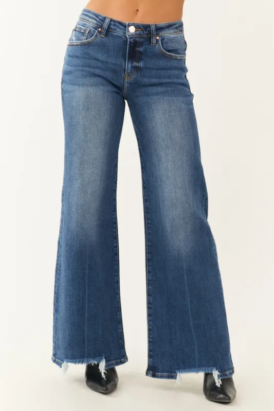Risen Dark Wash High Rise Wide Flare Leg Jeans sold by Lime Lush