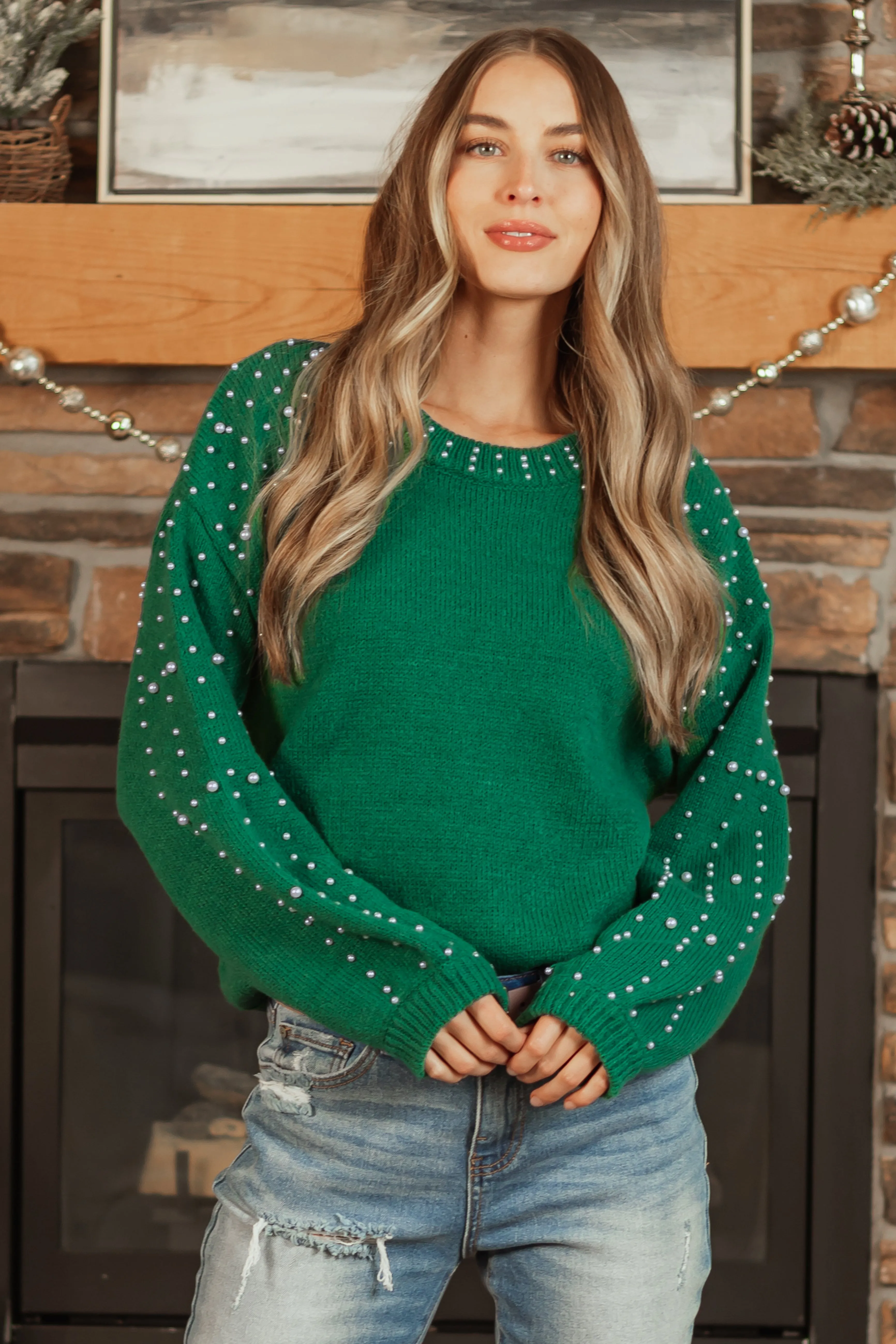Jade Pearl Accent Balloon Sleeve Knit Sweater sold by Lime Lush