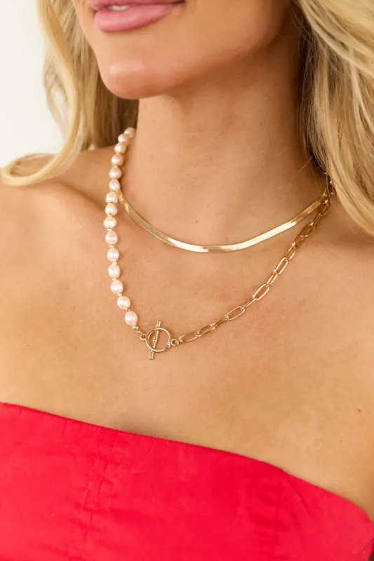 Gold Beaded Pearl Chain Mixed Layered Necklace sold by Lime Lush