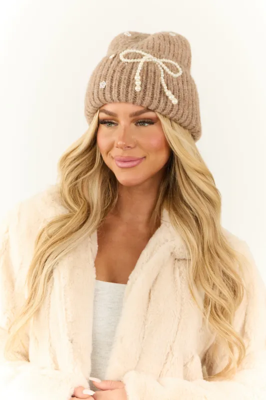 Khaki Ribbed Beanie with Pearl Bow Details sold by Lime Lush