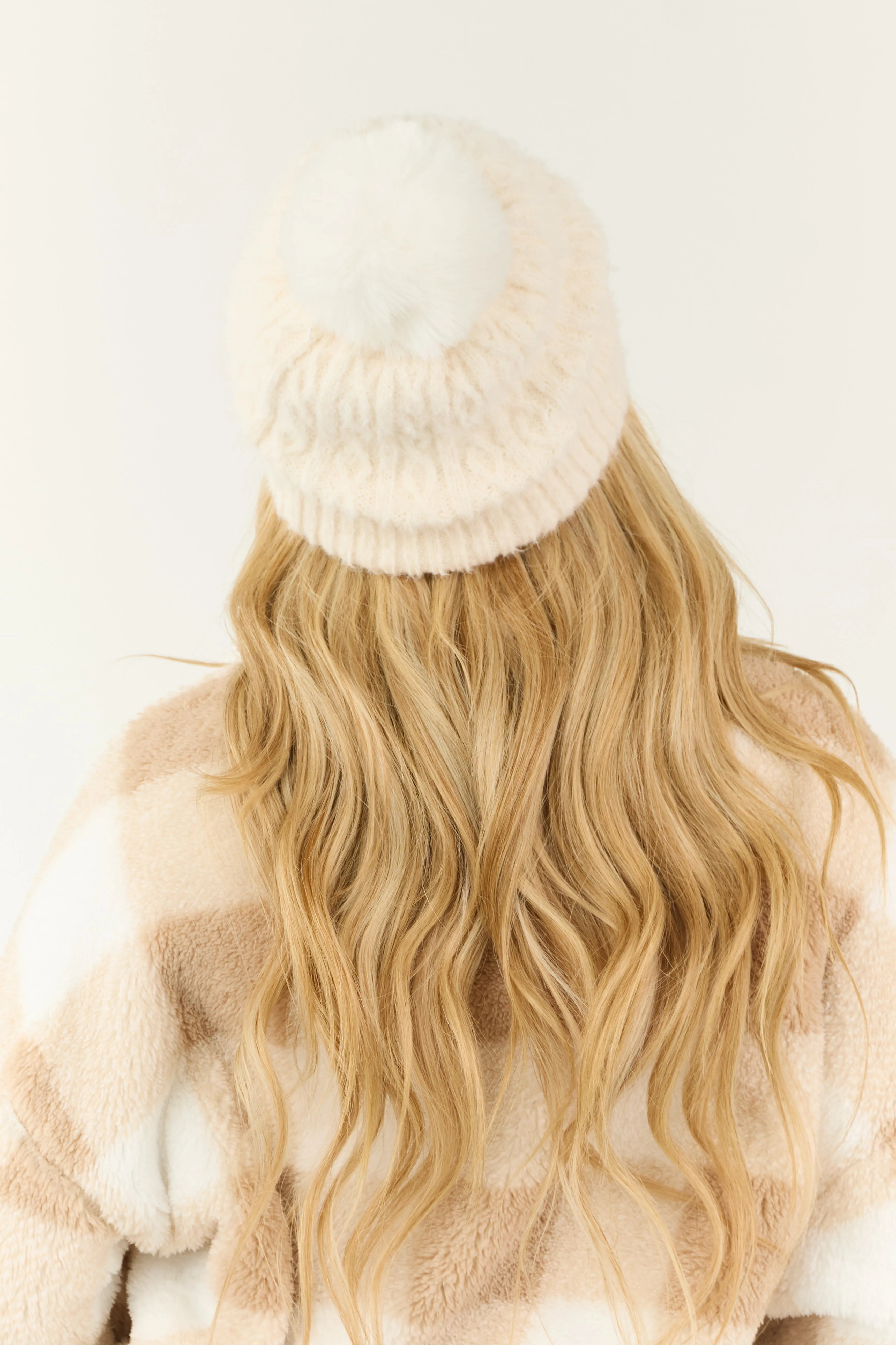 Ivory Cable Knit Pom Pom Soft Faux Fur Beanie sold by Lime Lush product image thumbnail 4