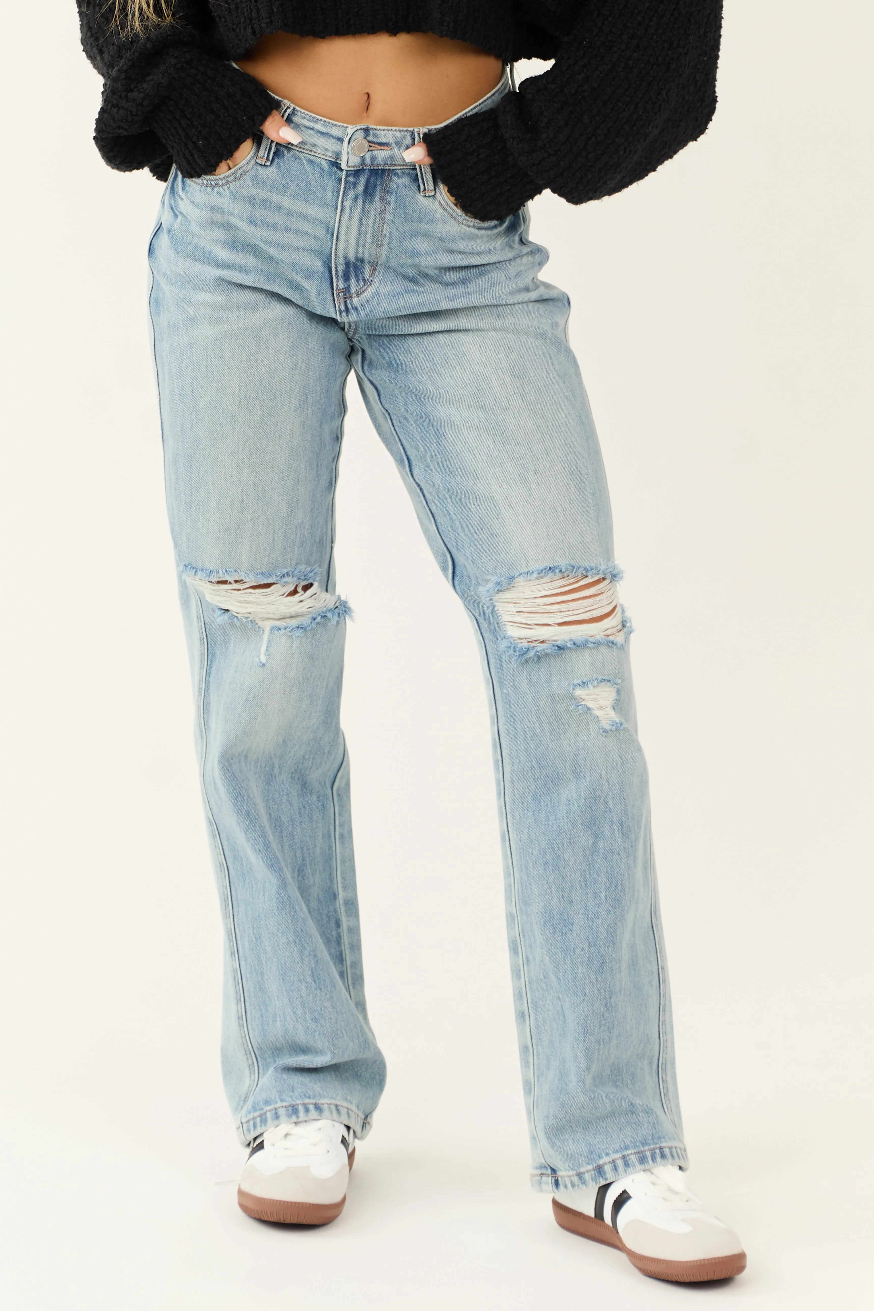 Judy Blue Light Wash Distressed 90's Straight Jeans sold by Lime Lush