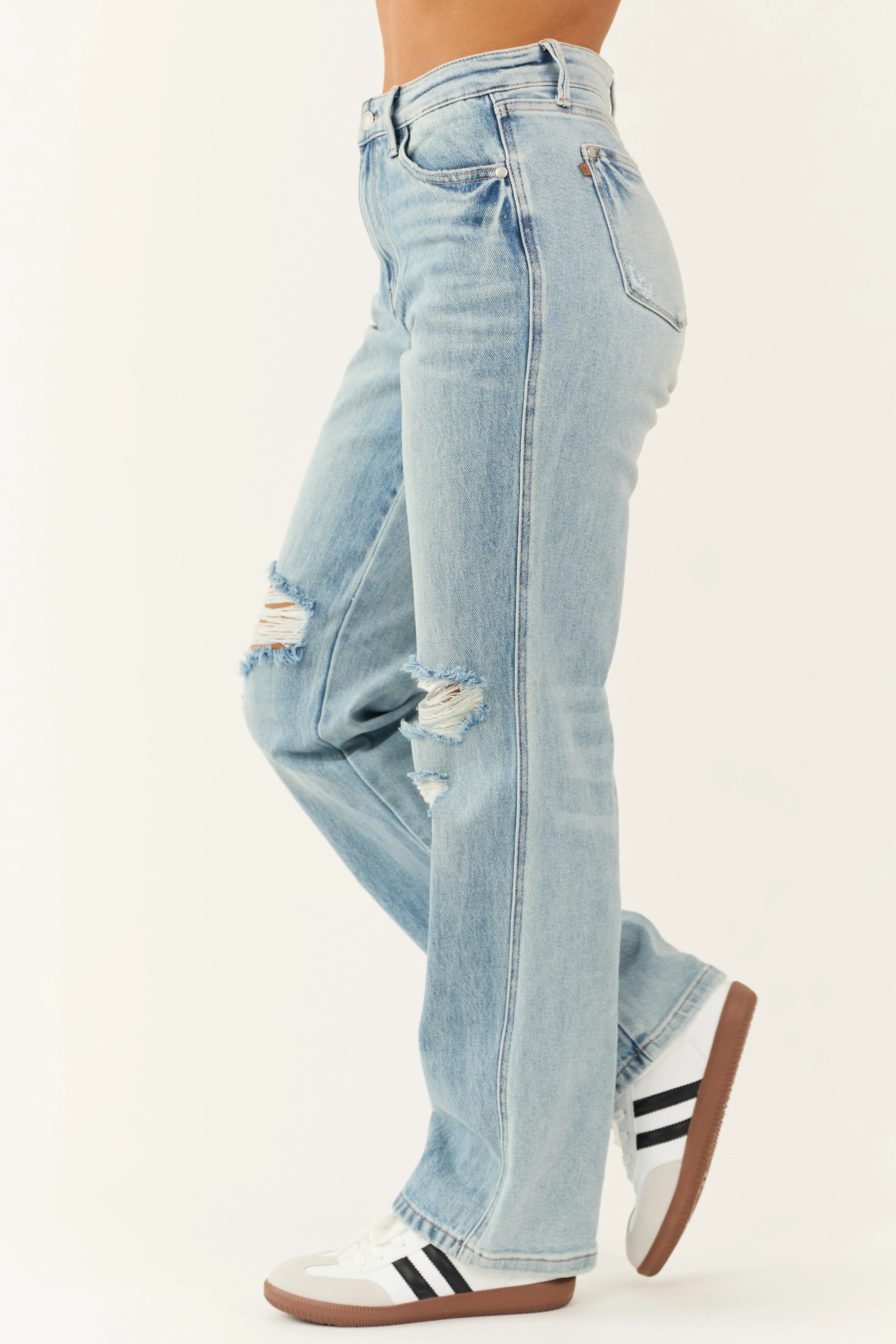 Judy Blue Light Wash Distressed 90's Straight Jeans sold by Lime Lush product image thumbnail 3