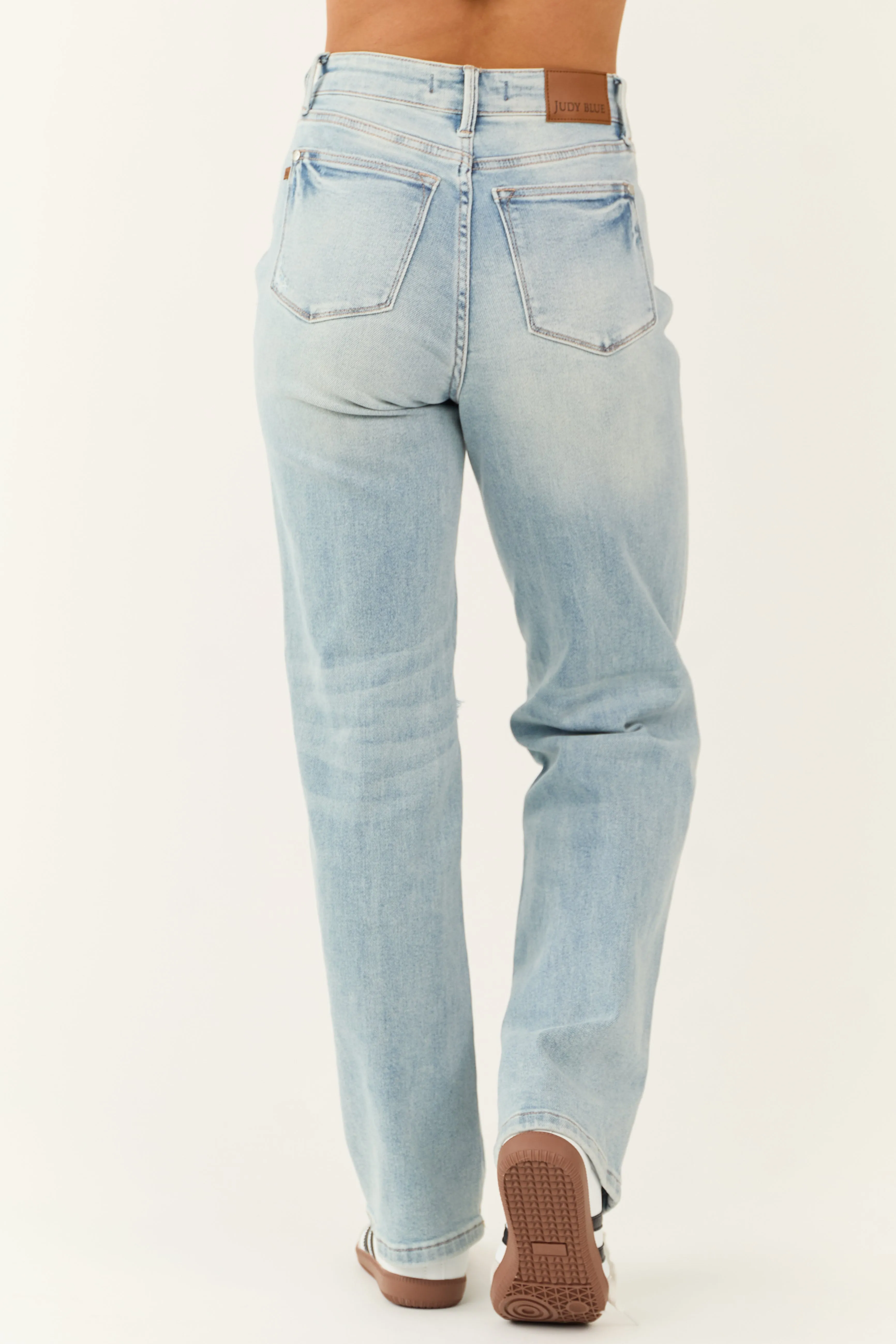 Judy Blue Light Wash Distressed 90's Straight Jeans sold by Lime Lush product image thumbnail 4