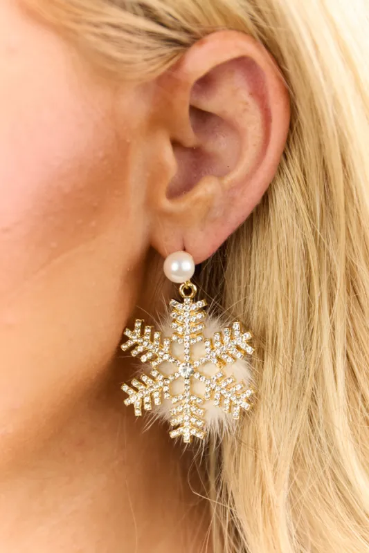 Gold Rhinestone Snowflake Fuzzy Dangle Earring sold by Lime Lush